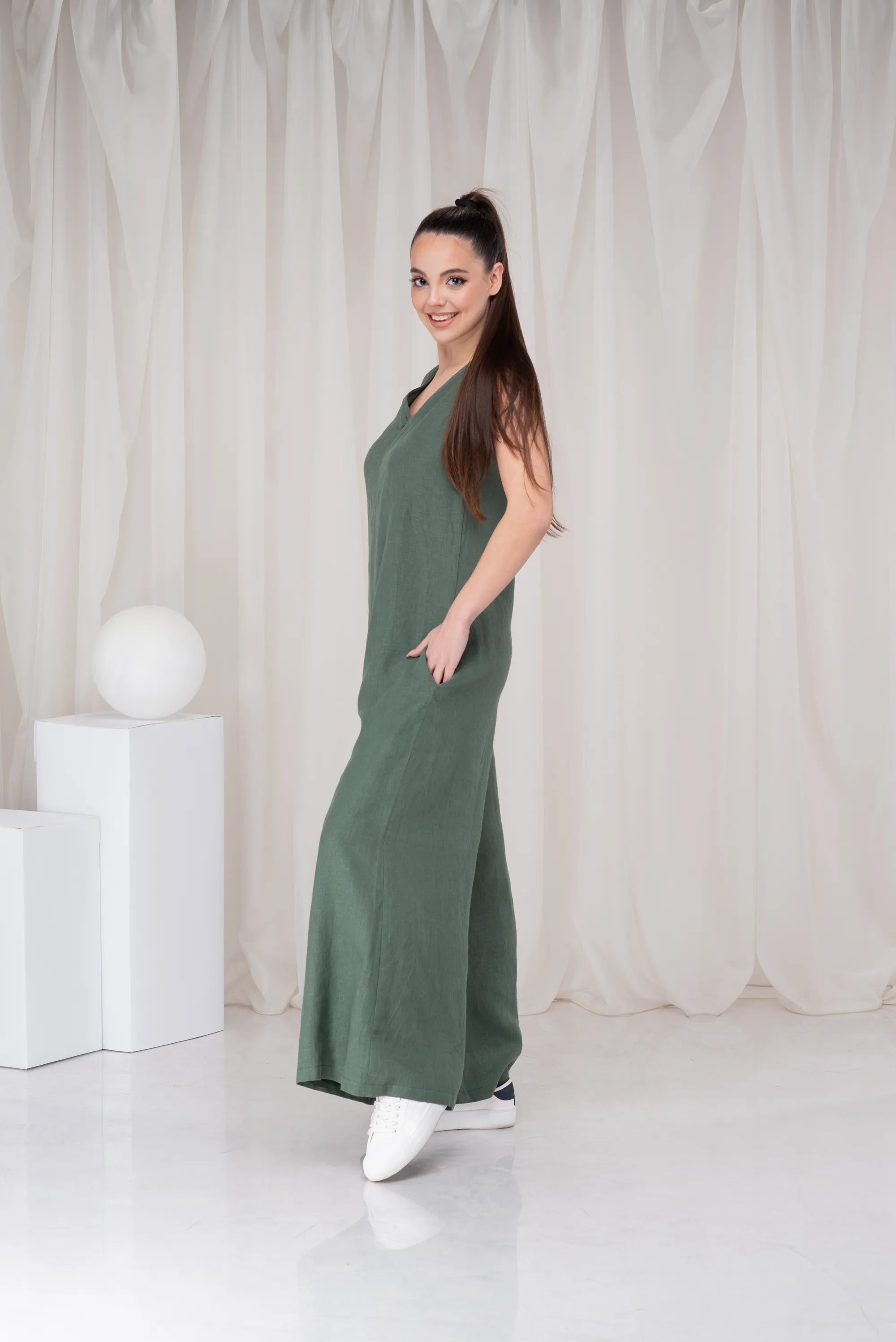 Green Linen Plus Size Wide Leg Loose Romper-Danellys-3.webp