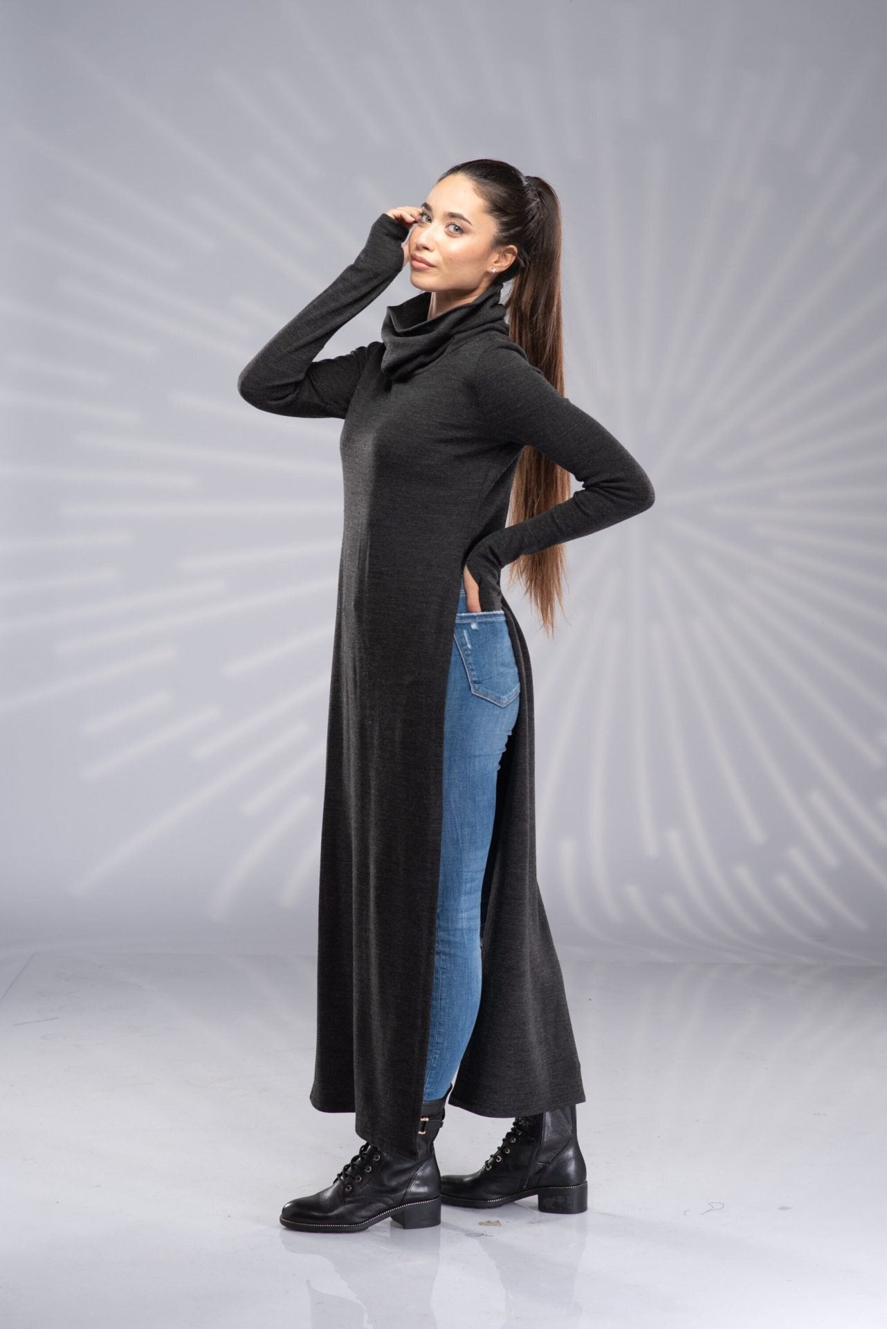 Long Turtleneck Knit Tunic Sweater Dress