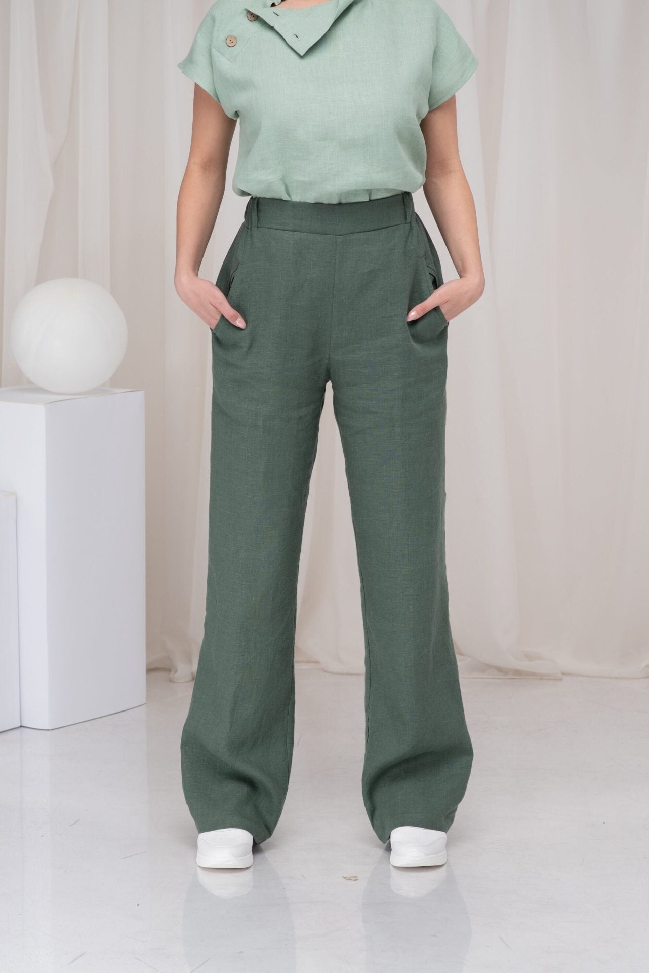 Green Linen Wide Leg Elastic Waist Palazzo Pants with Two Pockets