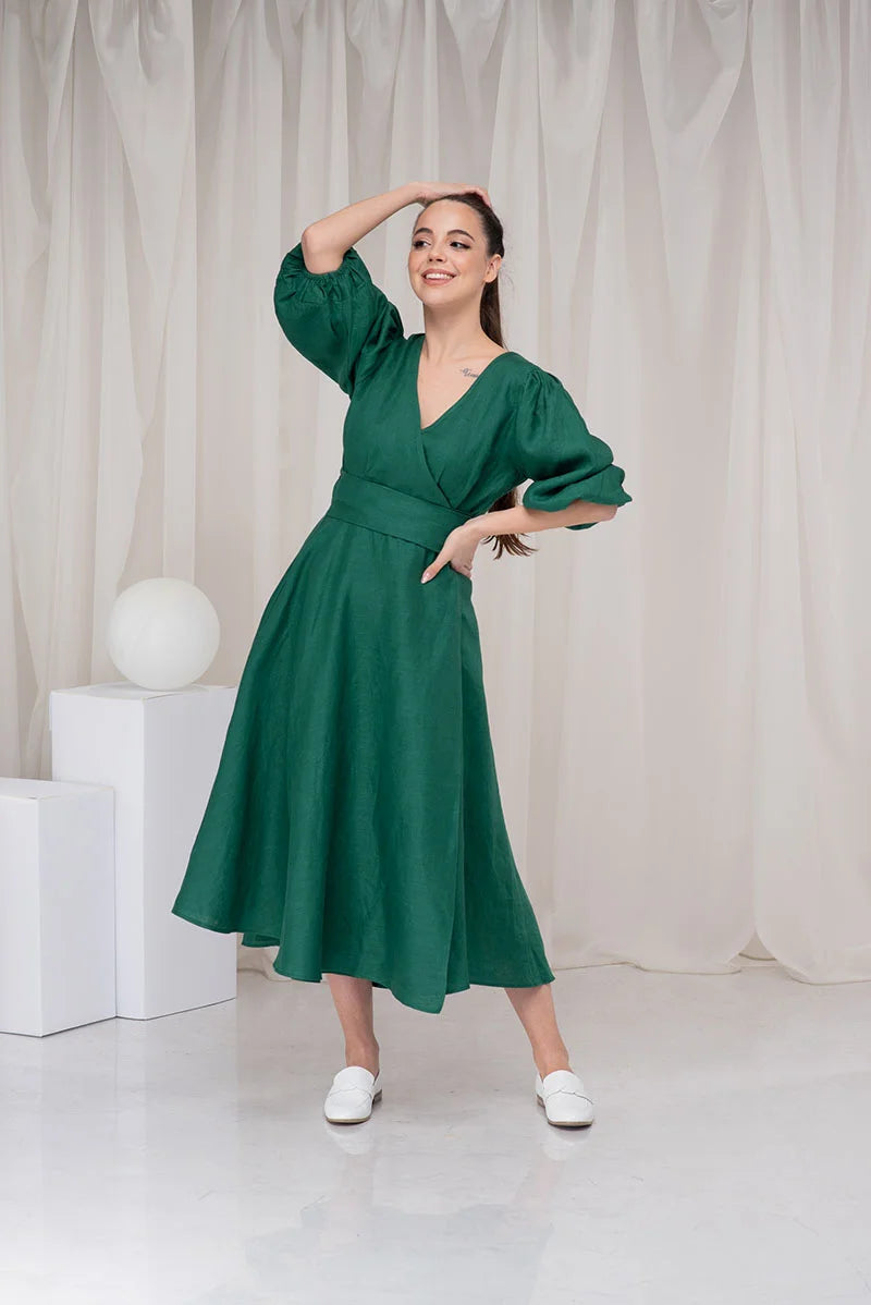 Linen Midi Wrap Dress with Belt and Balloon Sleeve
