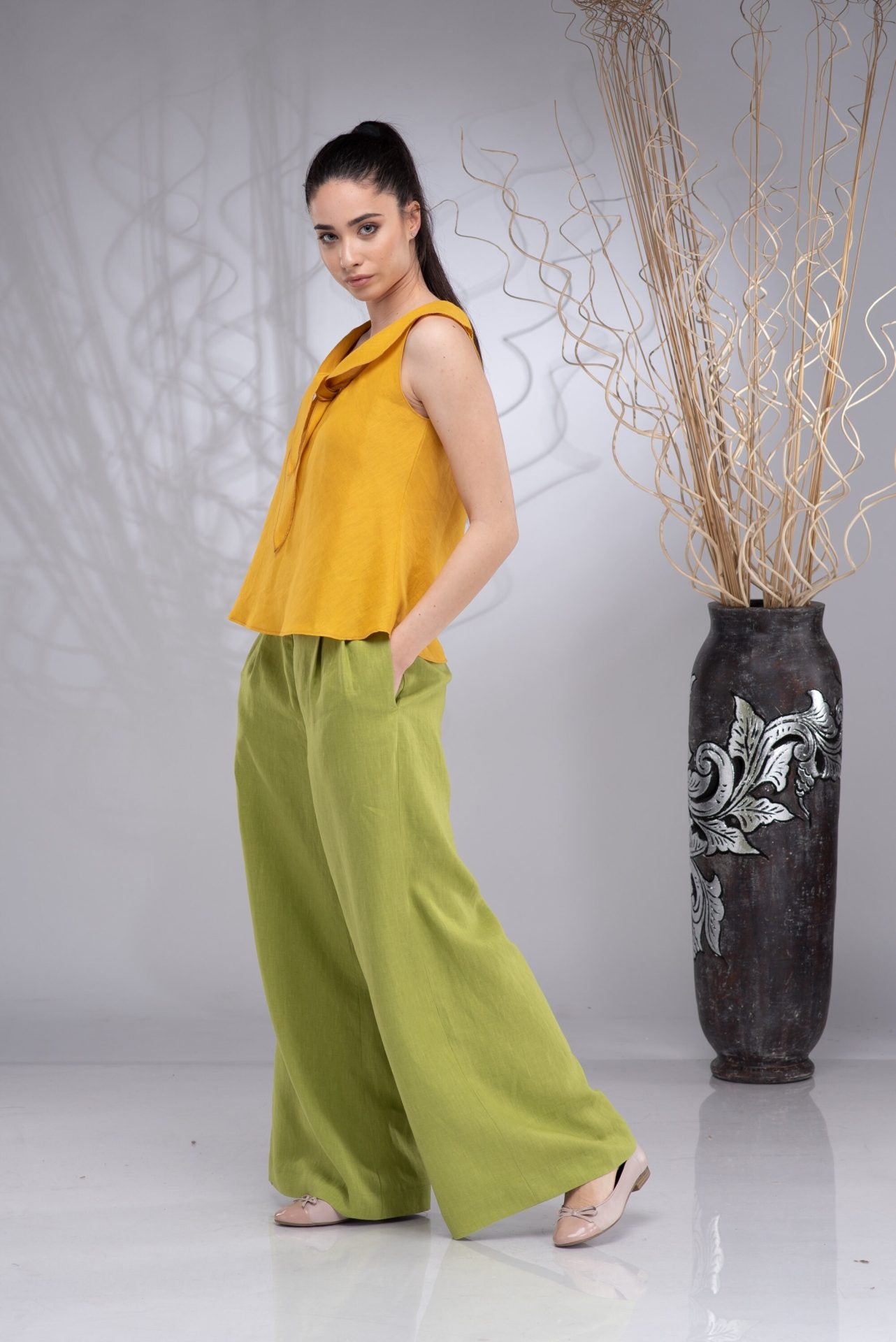 Linen Wide Leg Palazzo Pants with Elastic Waist