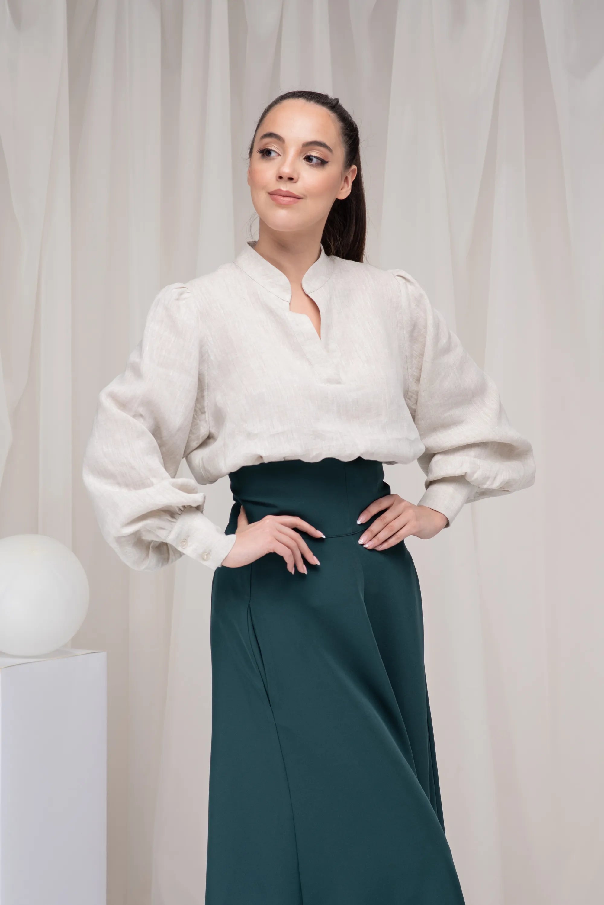 Linen Collared Edwardian Balloon Sleeve Blouse-Danellys.webp