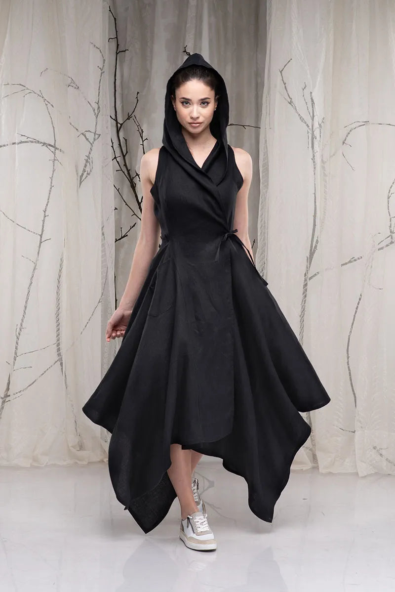 Hooded Linen Wrap Asymmetrical Black Gothic Dress-Danellys-3.webp