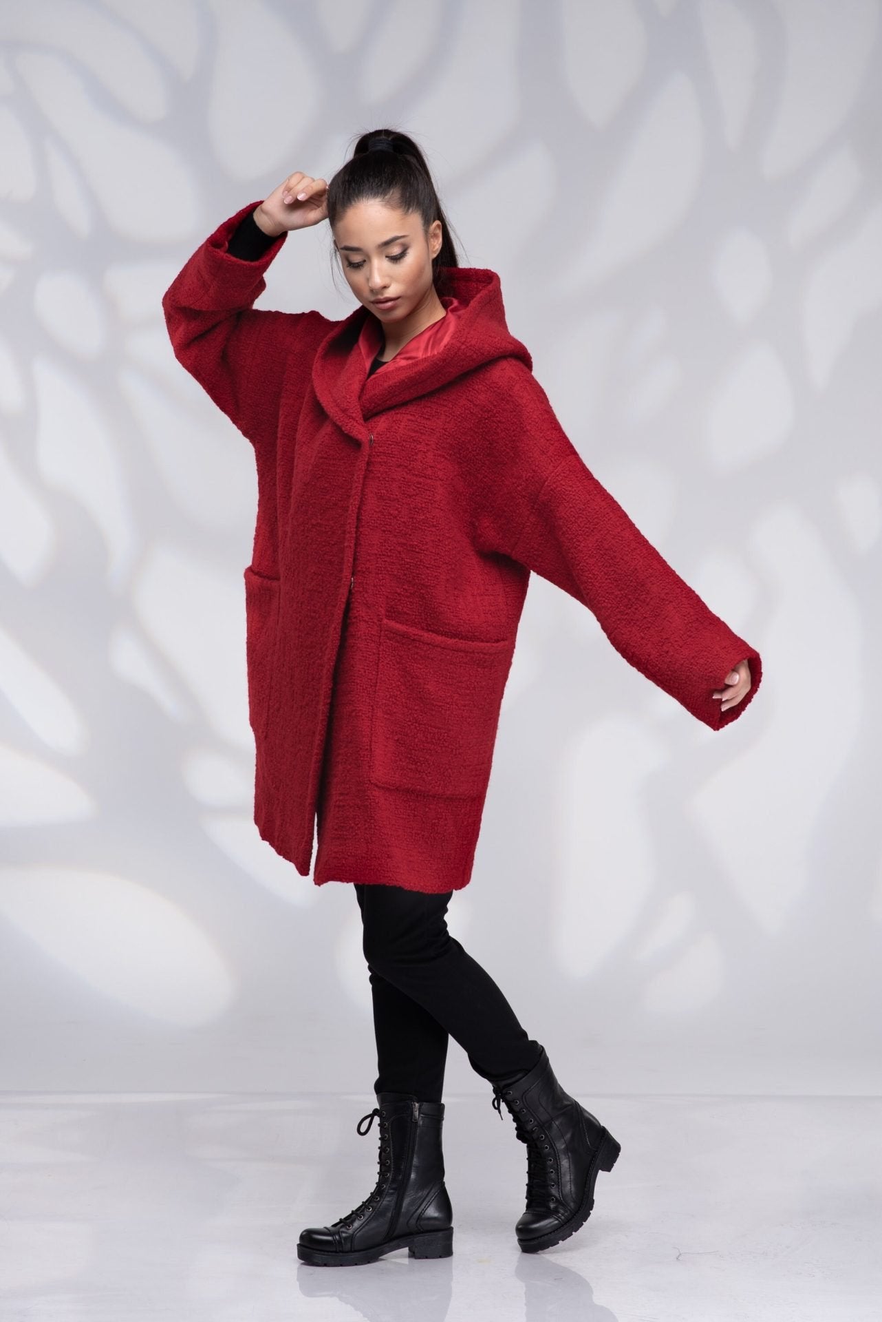 Wool Oversized Short Red Coat with Lining