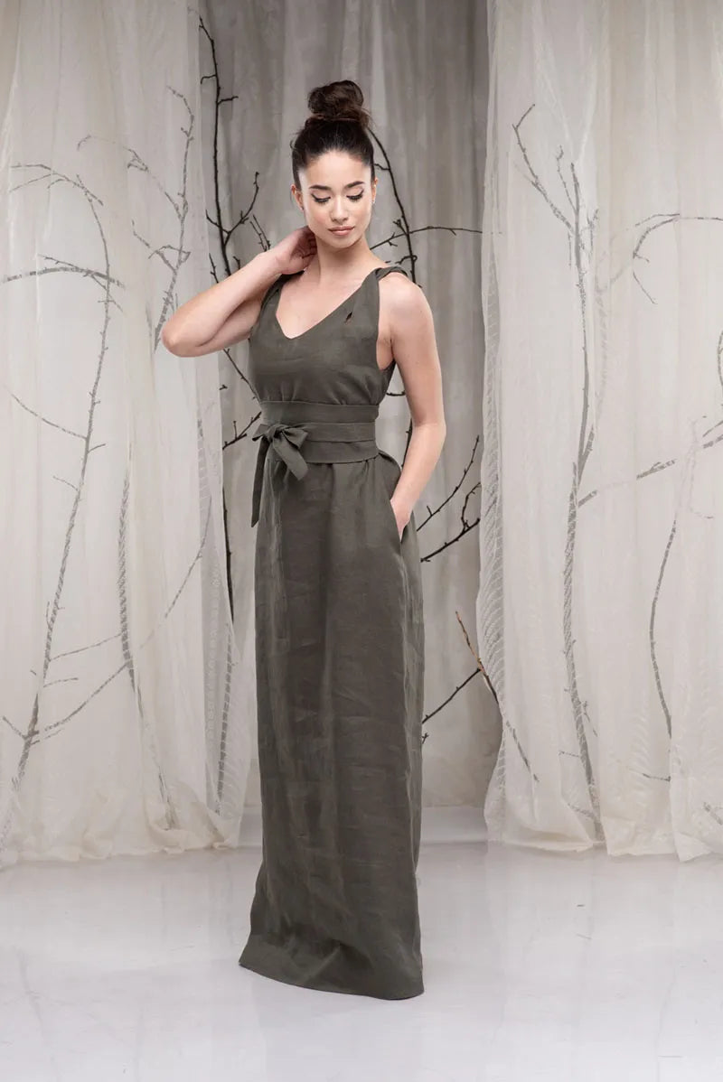 Khaki Long Flax Linen Dress with Obi Belt-Danellys-2.webp