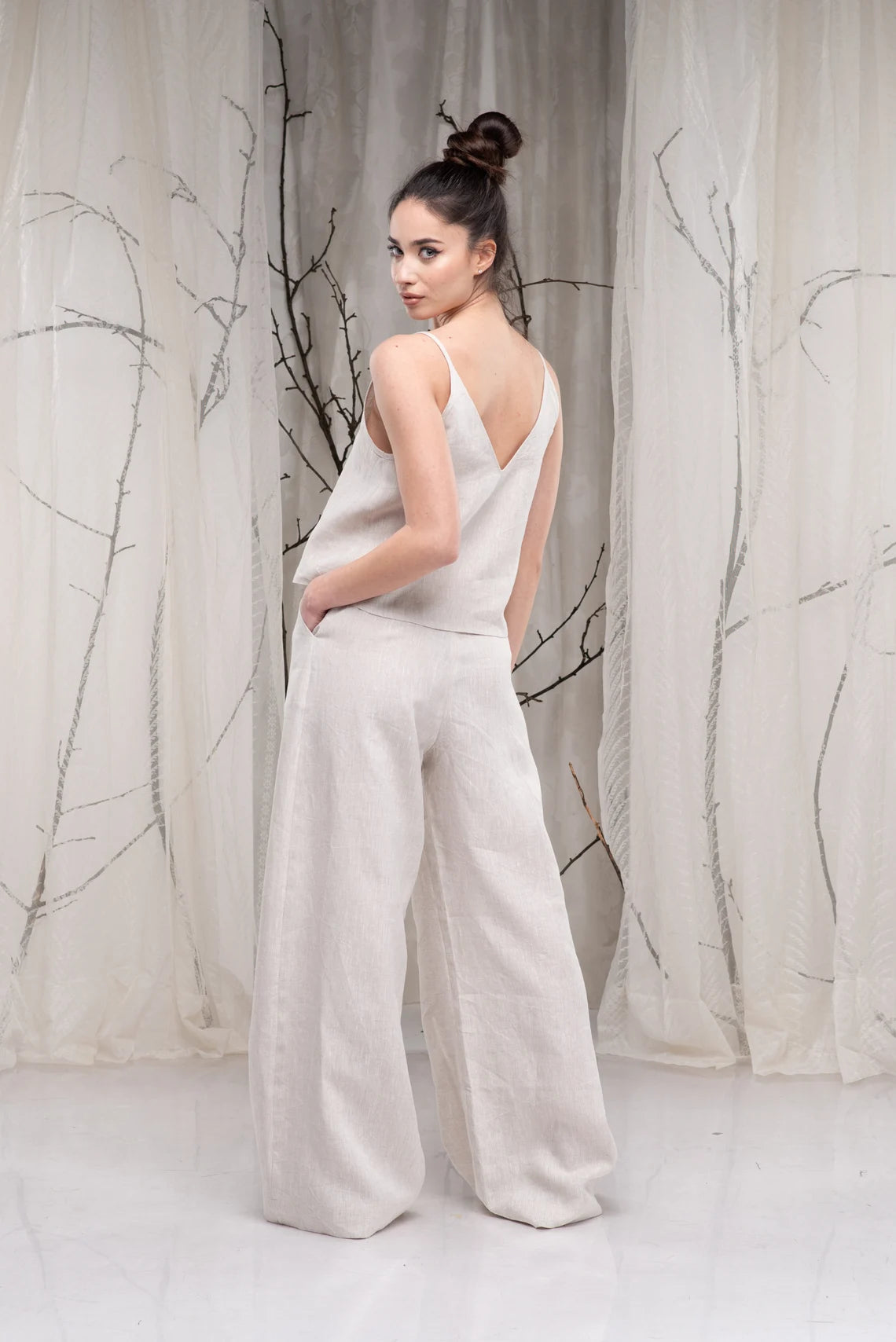 Linen Wide Leg Palazzo Trousers with Two Pockets-Danellys.webp