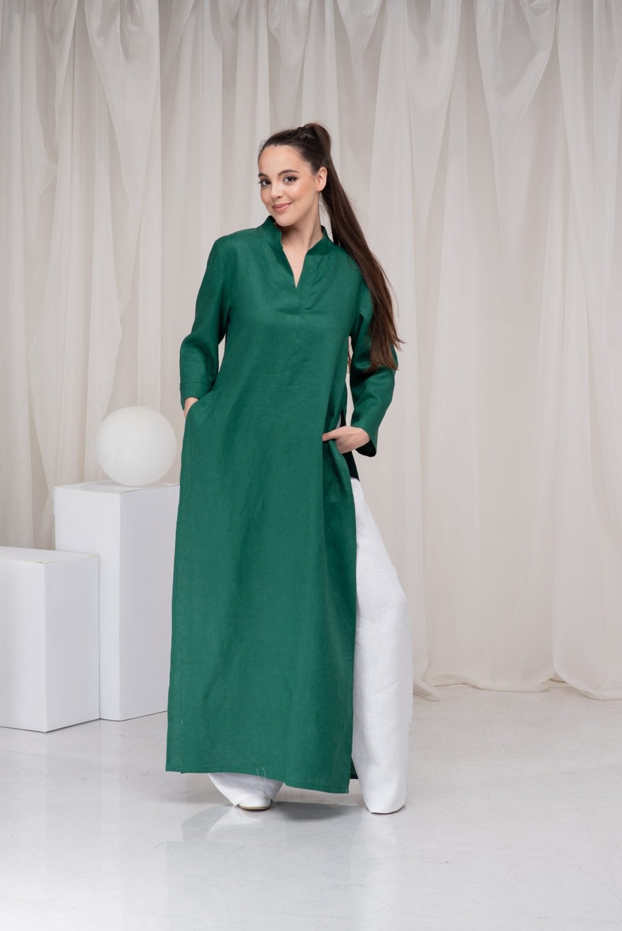 Maxi Linen Long Sleeve Shirt Dress with Side Slit