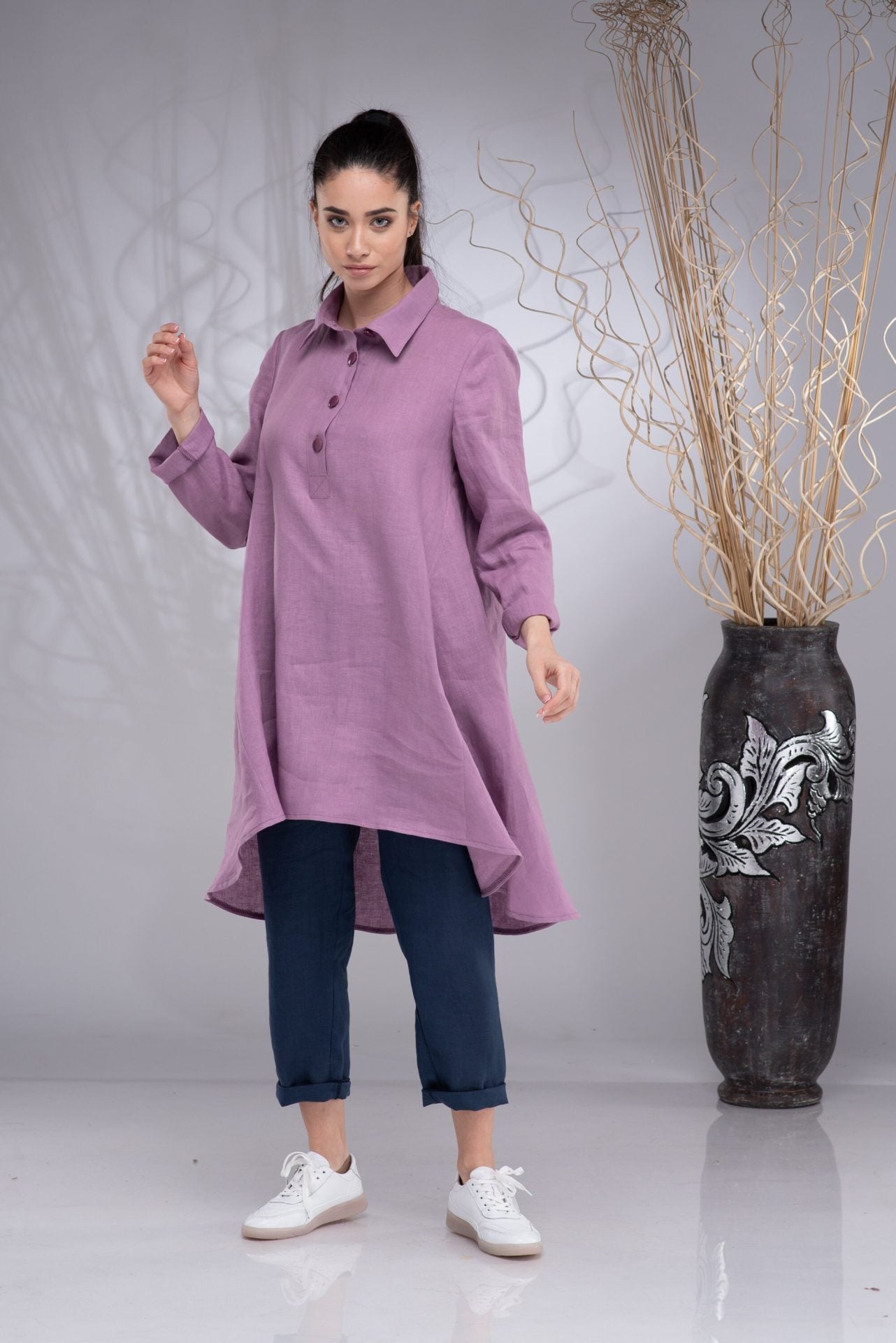 Linen Plus Size Asymmetrical Collared Tunic Top