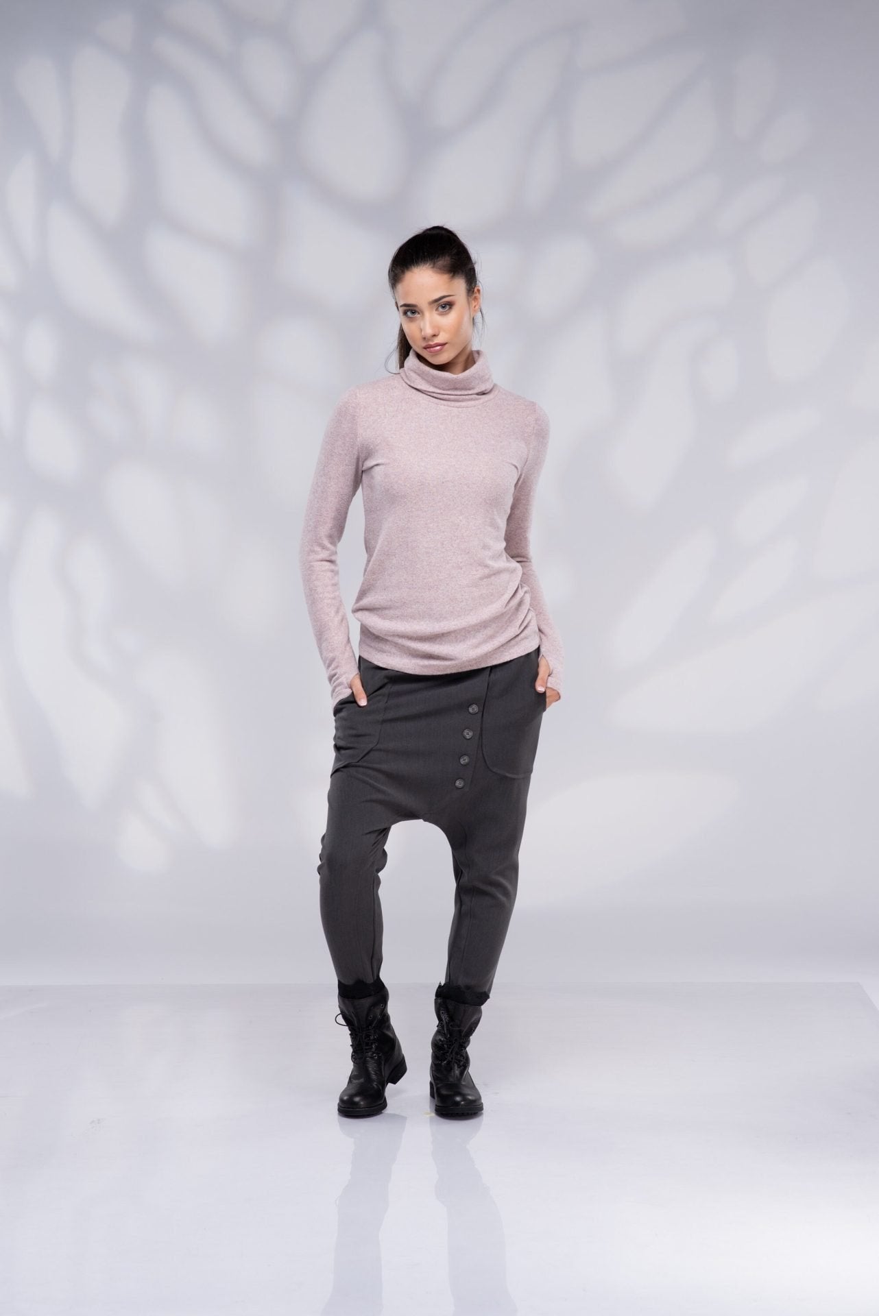 Pearl Pink Turtleneck Blouse with Long Sleeves