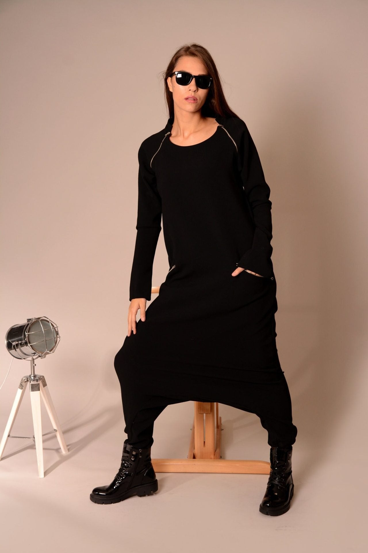 Black Boho Drop Crotch Plus Size Harem Overall