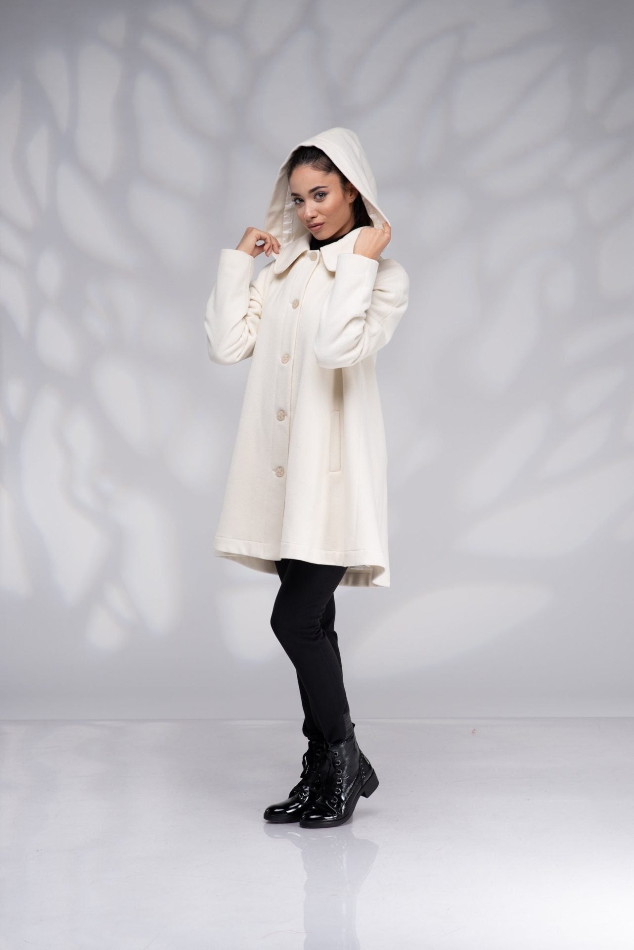 Wool Hooded White Short Swing Coat with Lining