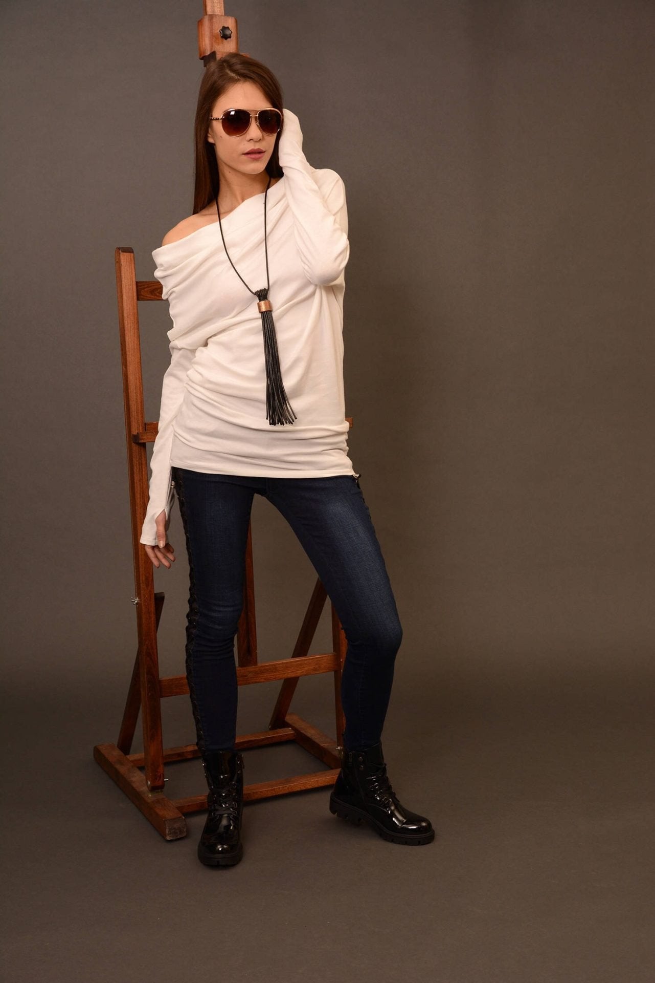 Knit Wool White Pullover Off Shoulder Sweater