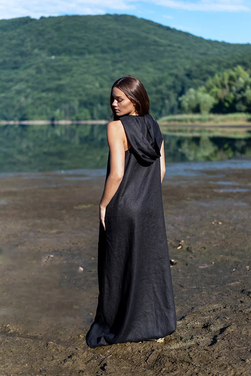 Black Linen Hoodie Dress with Zipper made of Pure Linen