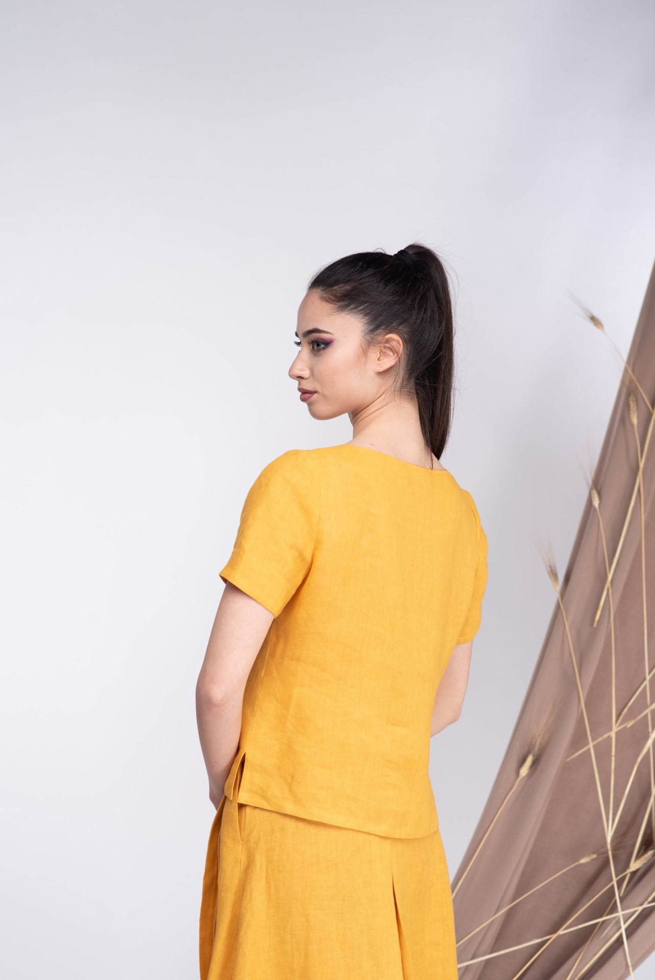 Linen Short Sleeve Mustard Blouse