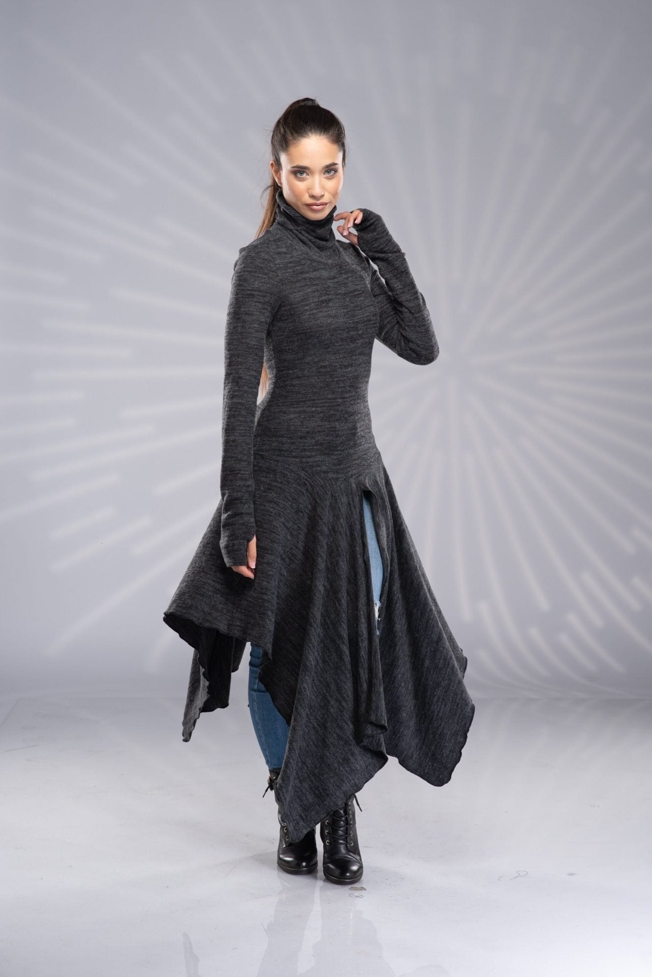 Long Turtleneck Asymmetrical High Low Draped Tunic with Thumb Hole