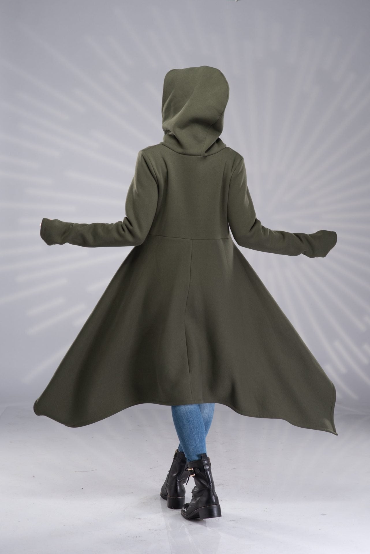 Maxi Asymmetrical Hoodie Cowl Neck Cotton Coat with Zipper