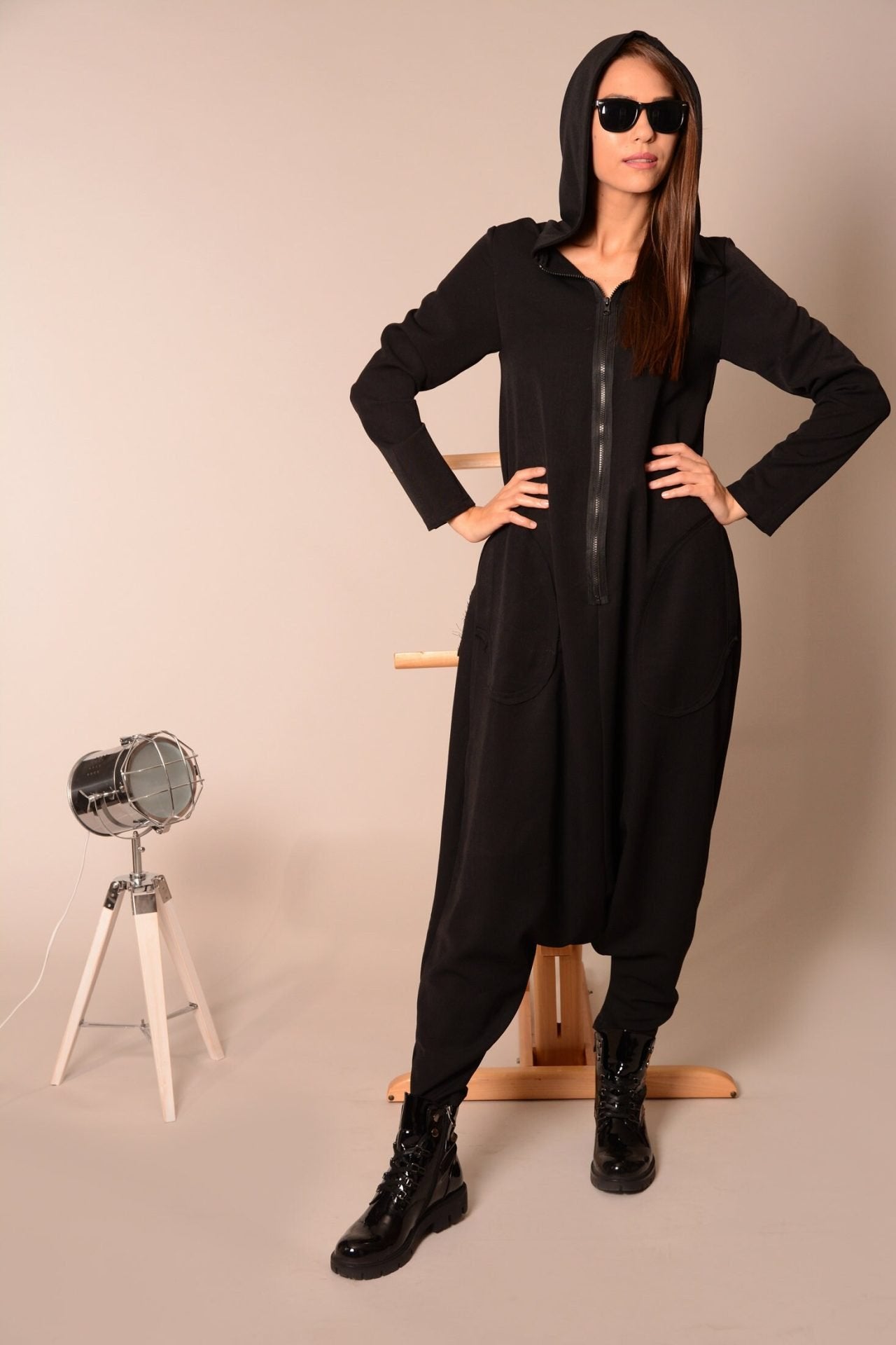 Black Plus Size Harem Hooded Maxi Romper