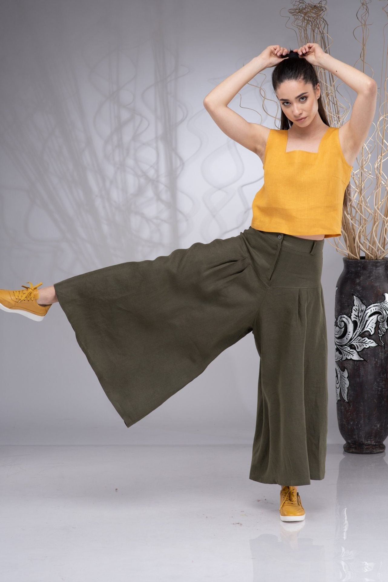 Linen Mustard Square Neck Crop Top