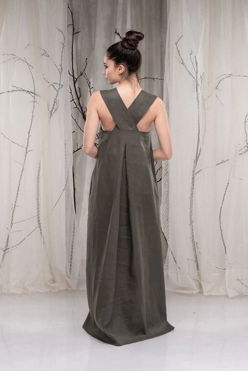 Linen Cross Back Maxi Dress with Square Neck