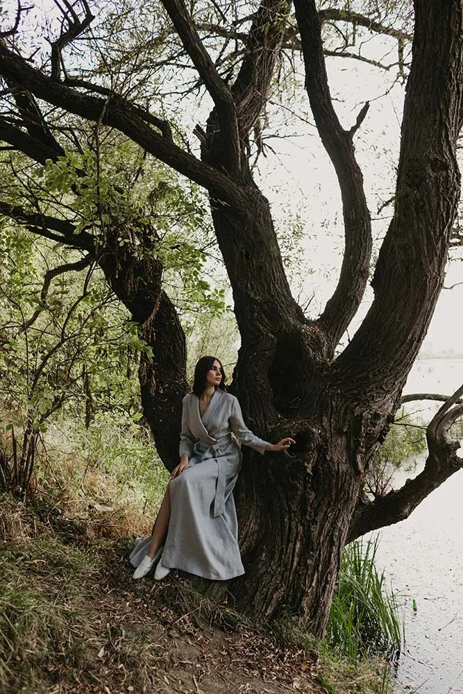 Bridesmaid Light Gray Linen Maxi Dress with Long Shawl Collar and Linen Belt