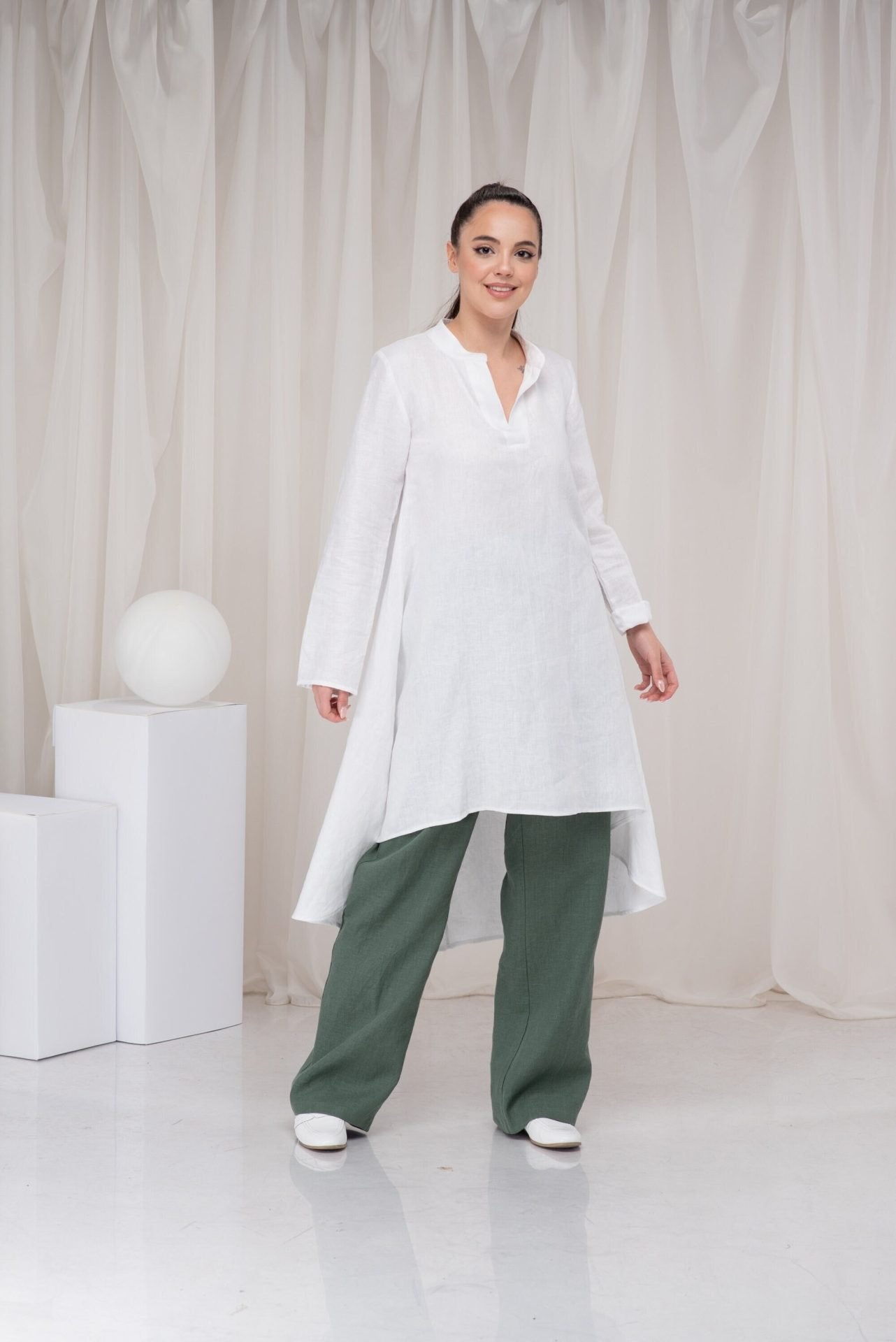 White Long Linen Asymmetrical Tunic Top with Long Sleeves