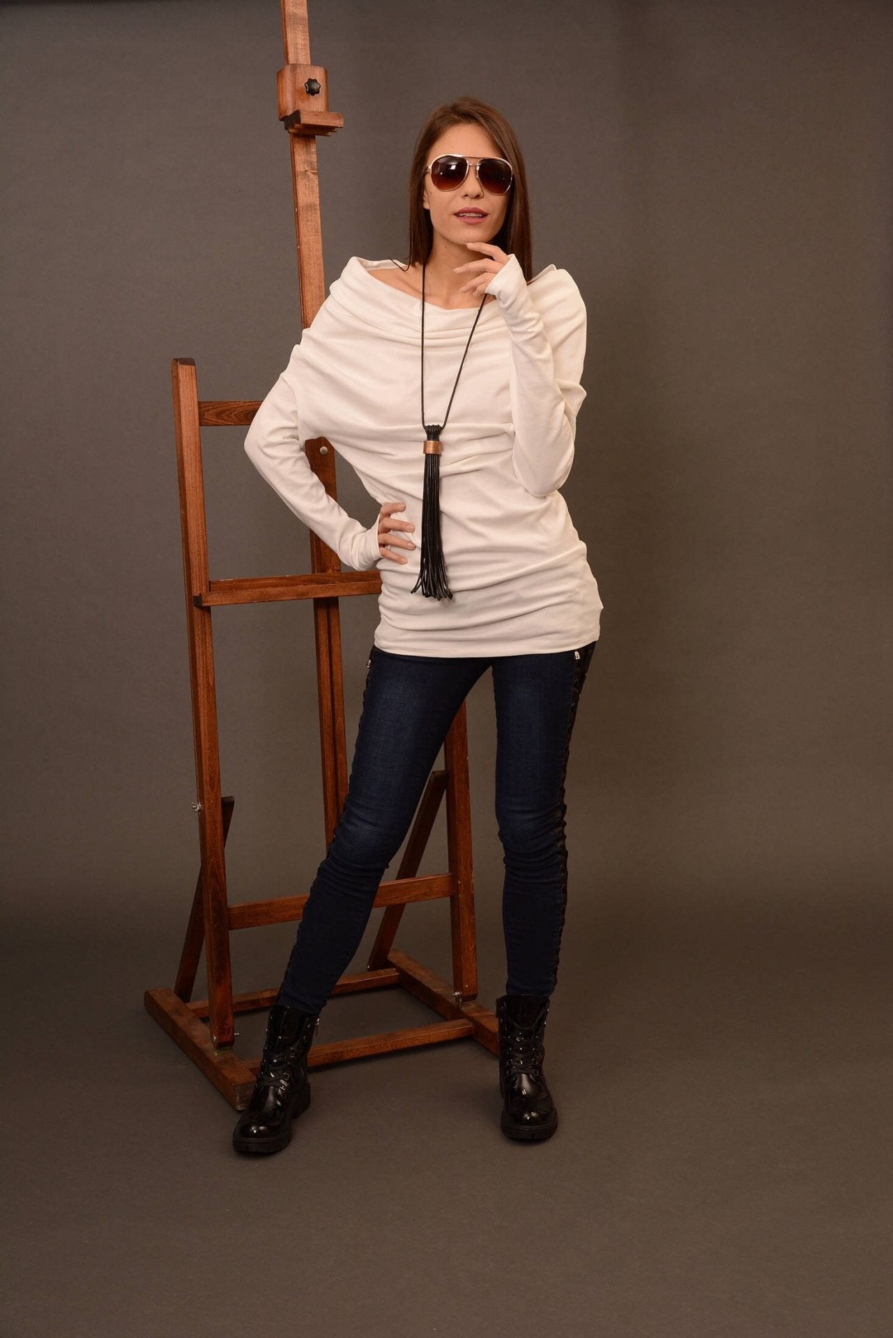 Knit Wool White Pullover Off Shoulder Sweater