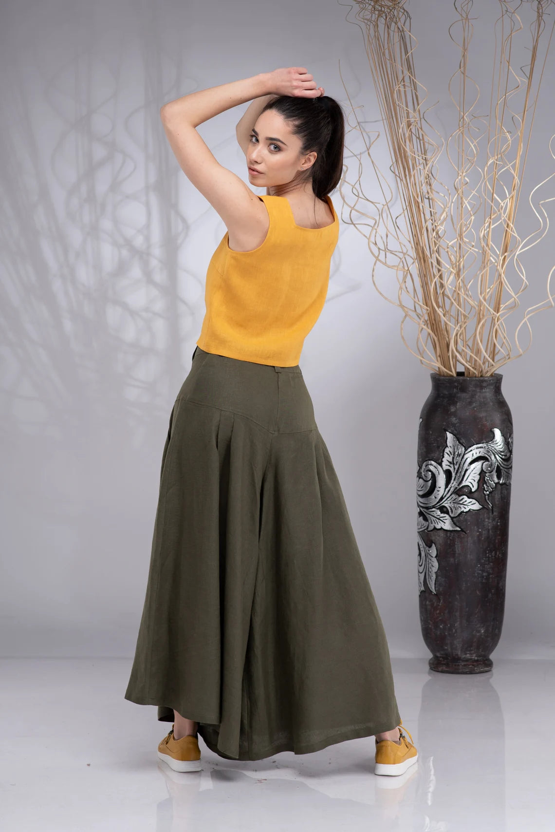 Khaki Linen Wide Leg Boho Palazzo Culottes-Danellys-4.webp