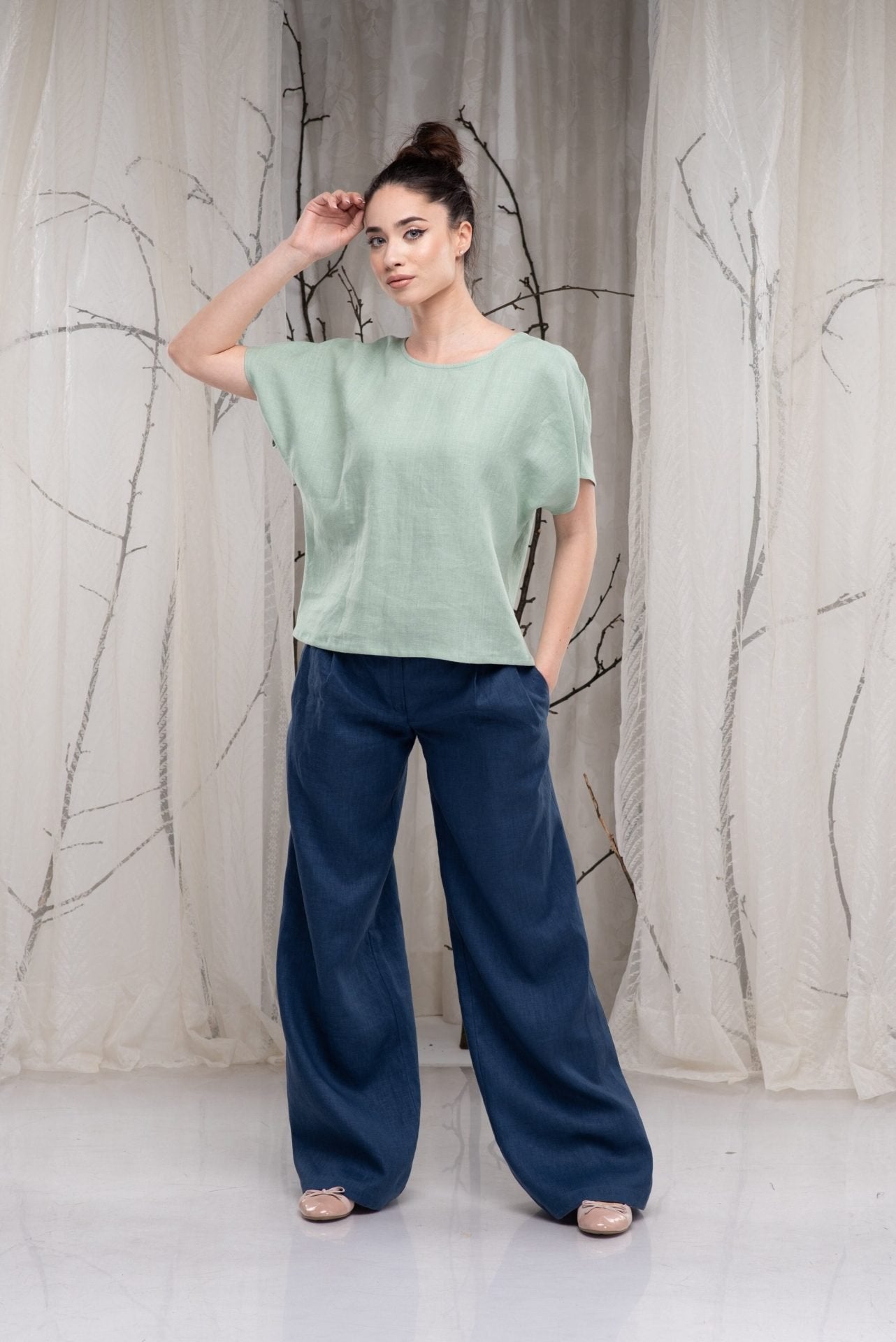 Linen Loose Kimono Sleeve Blouse with Short Sleeve and Bow on the Back