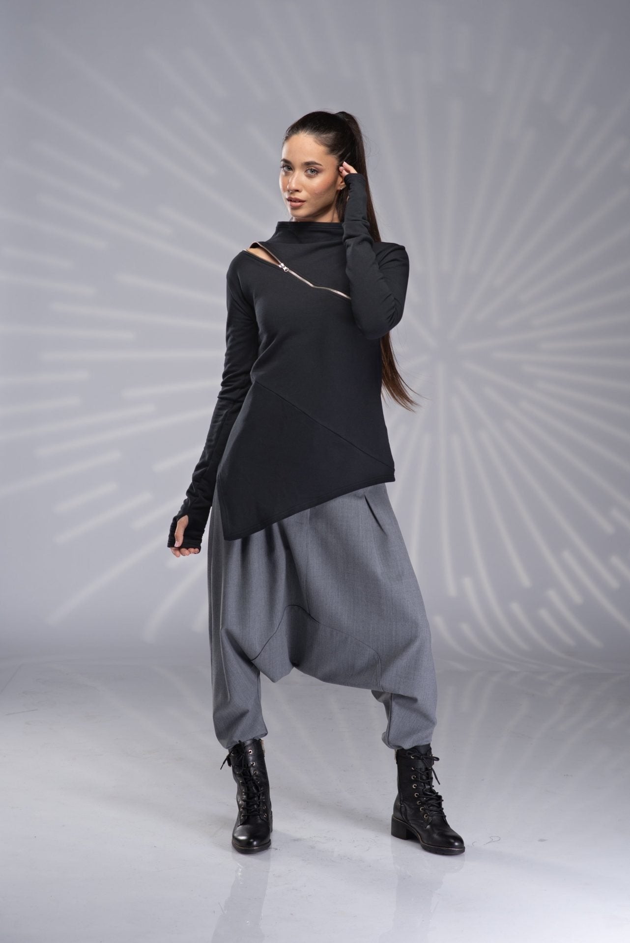 Asymmetrical Black Off Shoulder Fitted Tunic Blouse with Zipper and Thumb Holes