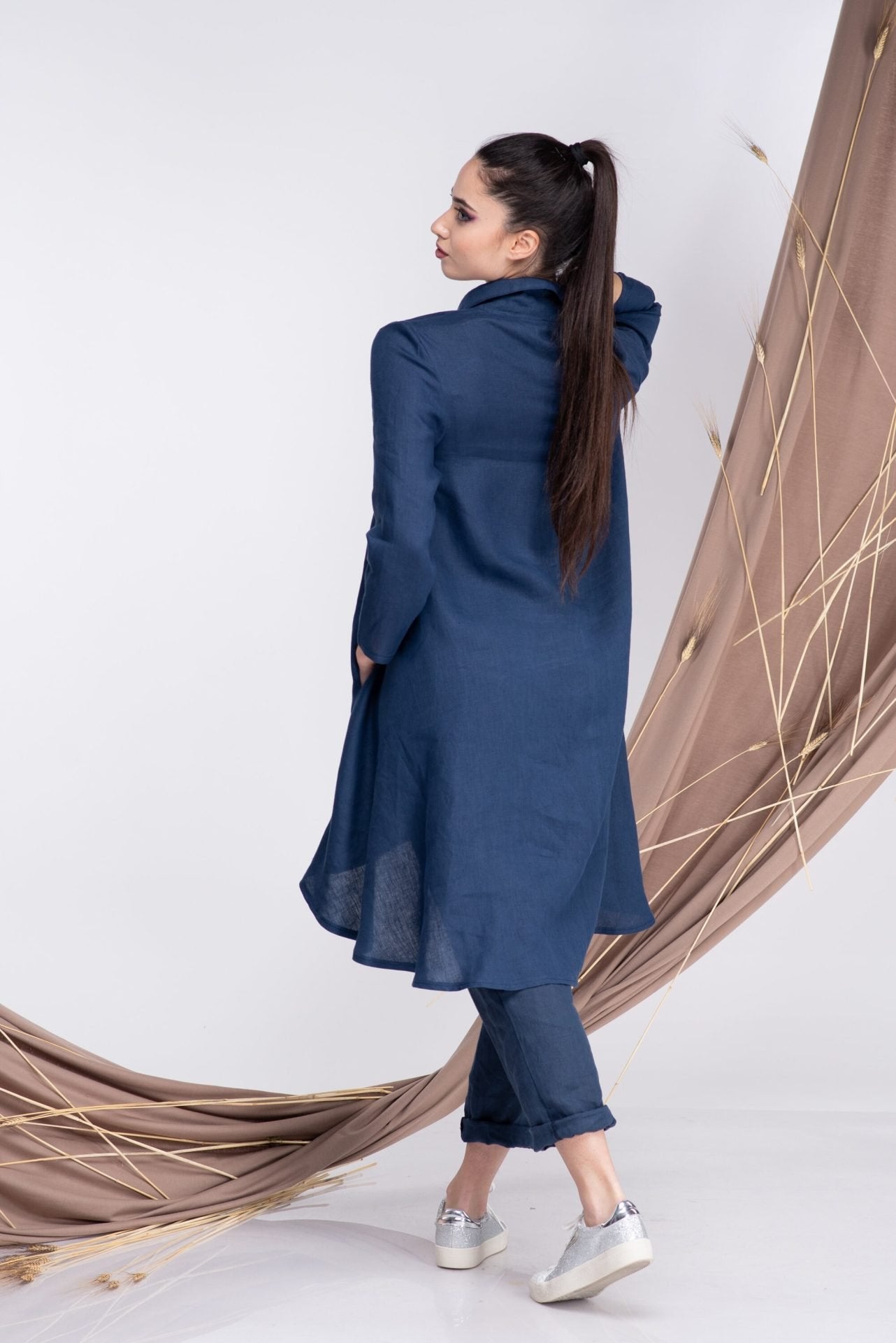 Linen Plus Size Asymmetrical Collared Tunic Top