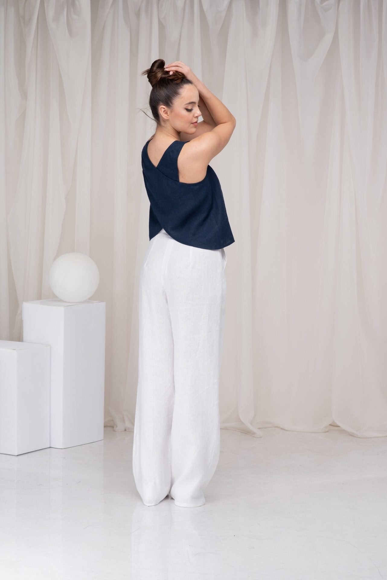 White Linen Wide Leg Palazzo Summer Pants with Two Pockets
