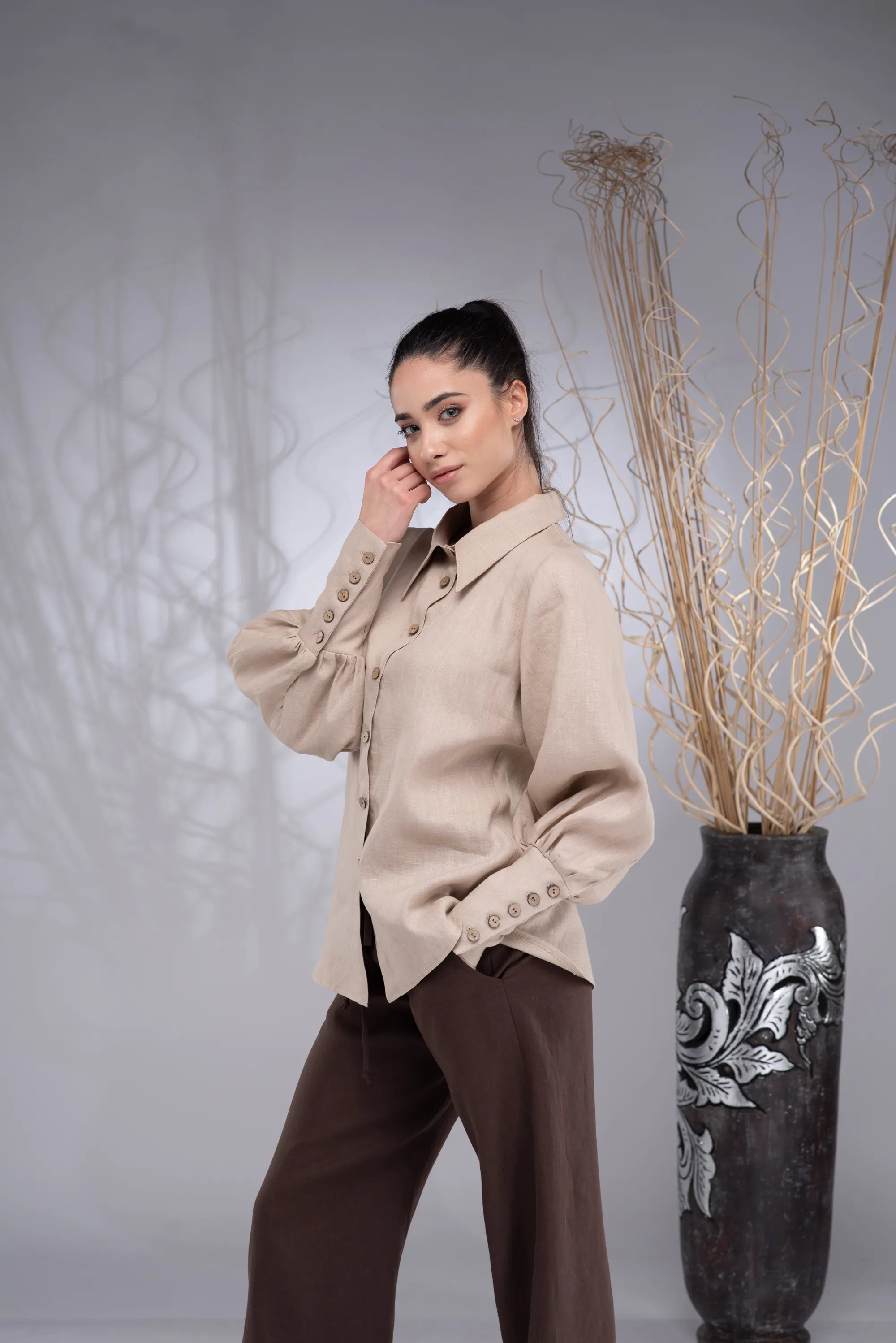 Linen Edwardian Button Up Collared Puff Sleeve Blouse-Danellys-2.webp