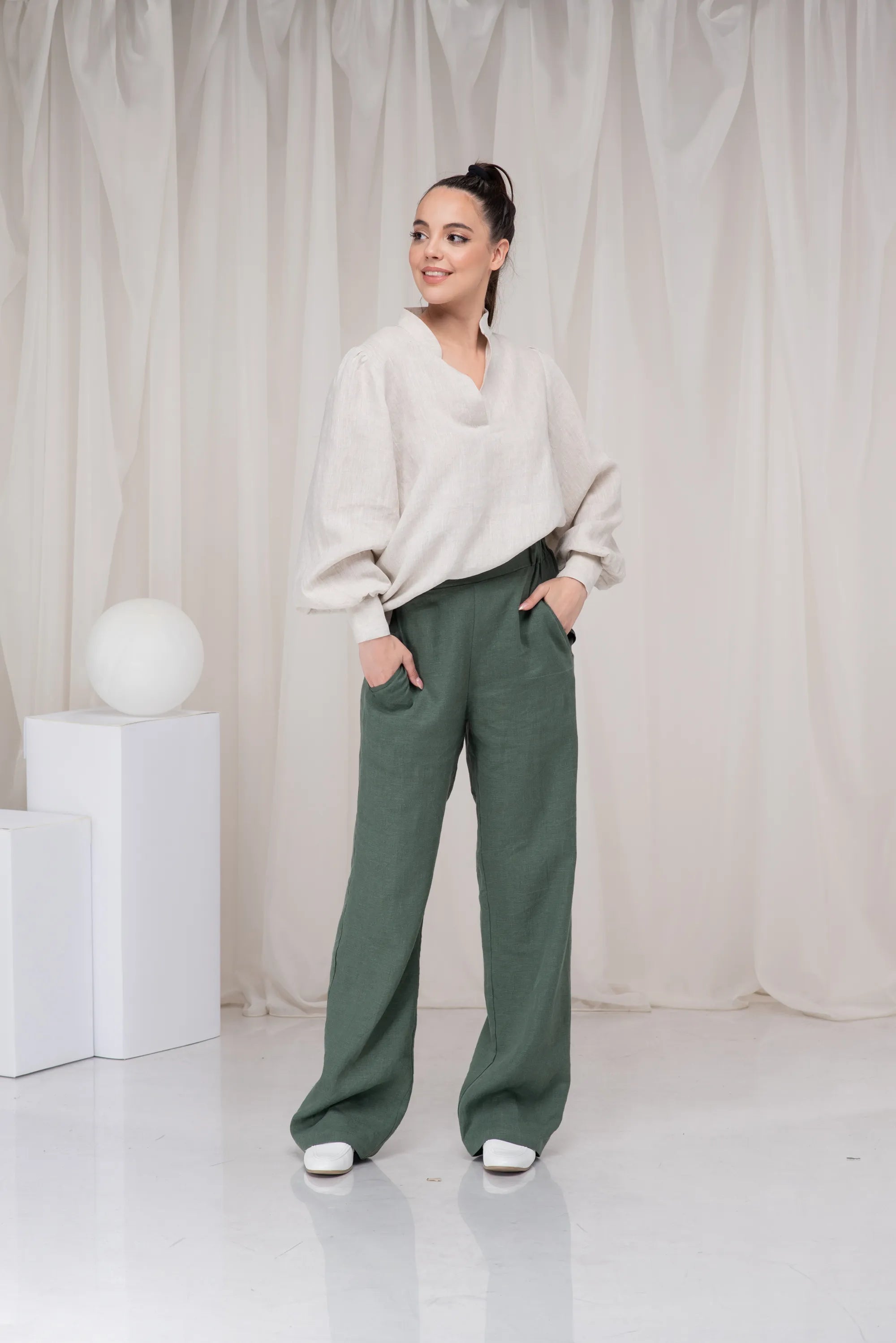 Linen Victorian Loose Blouse with Balloon Sleeves-Danellys-2.webp