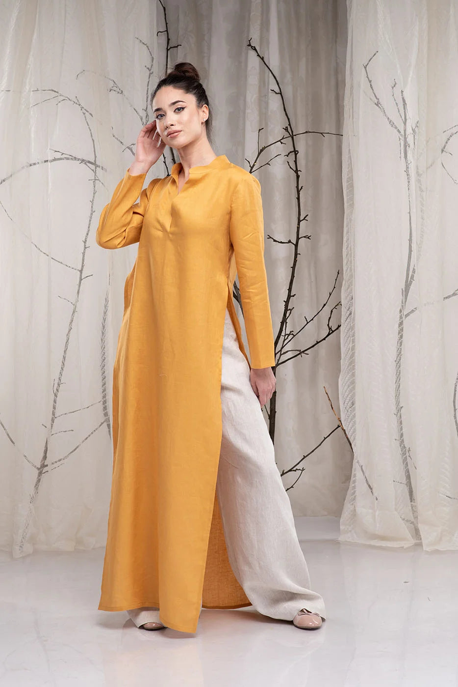 Long Linen Tunic Dress with Two Side Slits and Long Sleeves-Danellys-3.webp