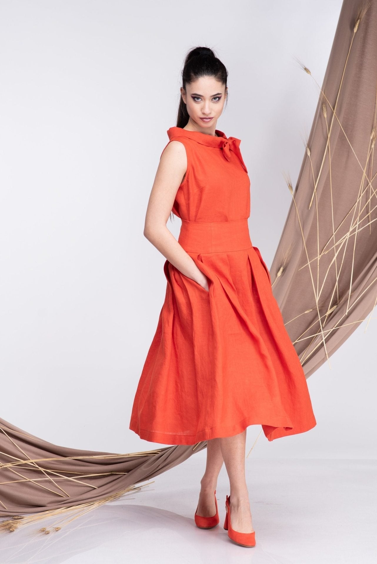 Linen High Waisted Skirt with Pockets