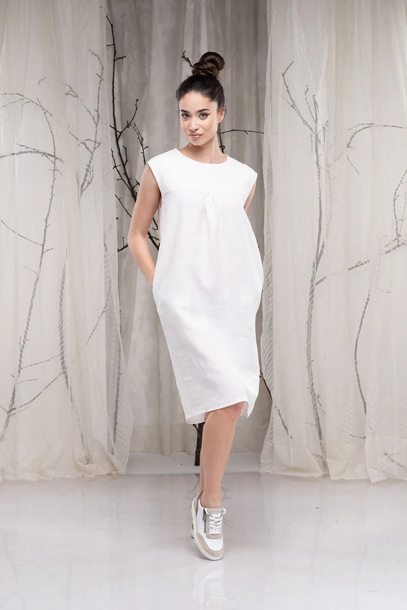 Linen White Knee Length Dress - A-line Midi Dress
