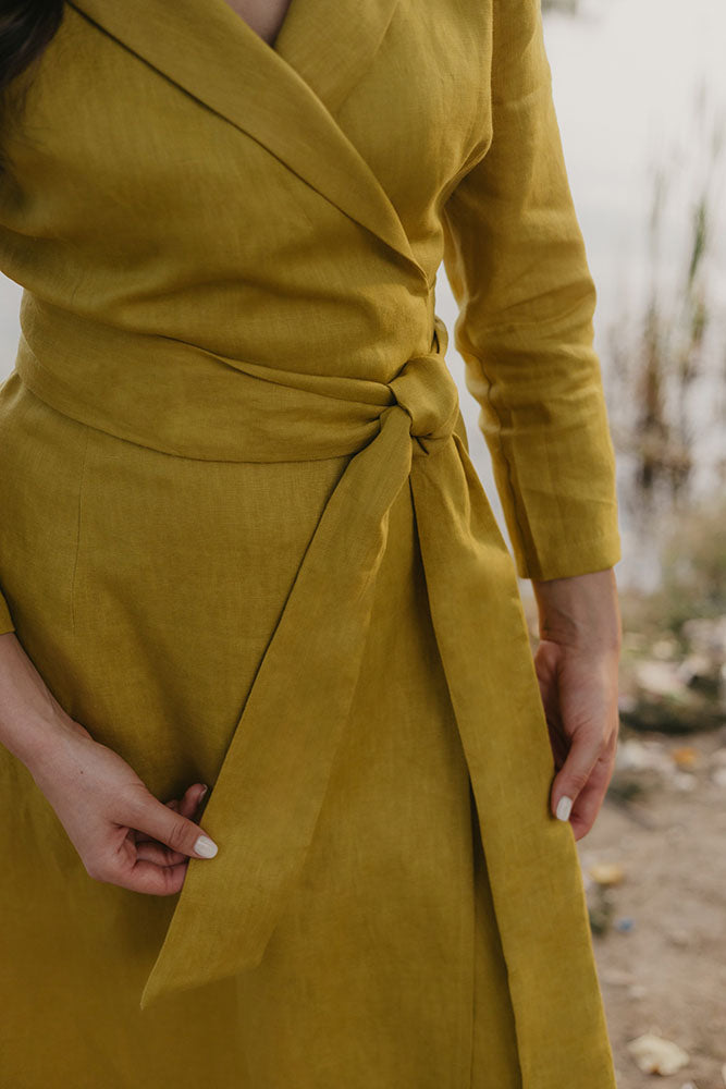 Mustard Yellow Wrap Linen Midi Dress with Long Sleeve and Shawl Collar