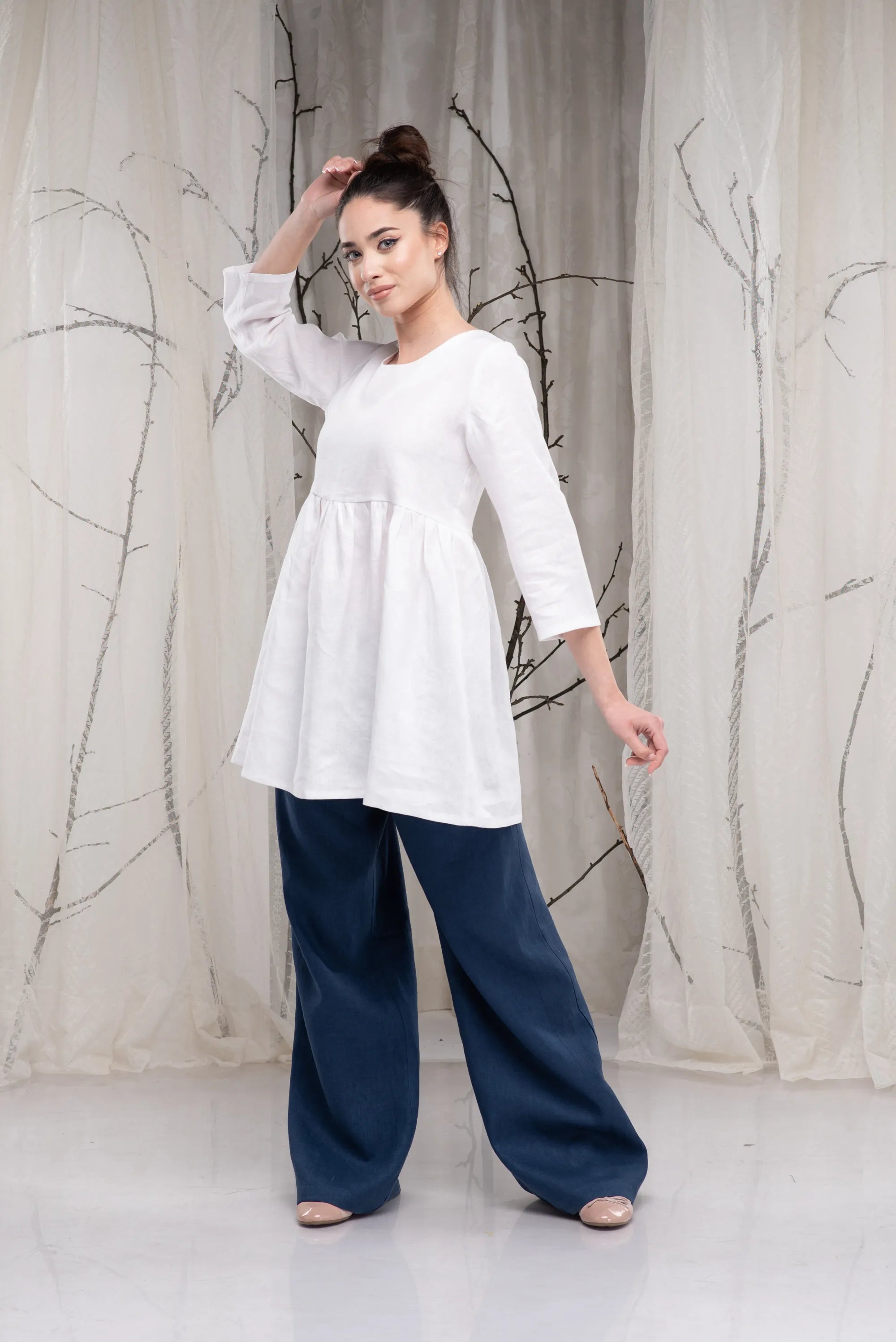 White Ruffle Linen Long Sleeves Tunic Shirt-Danellys-4.webp