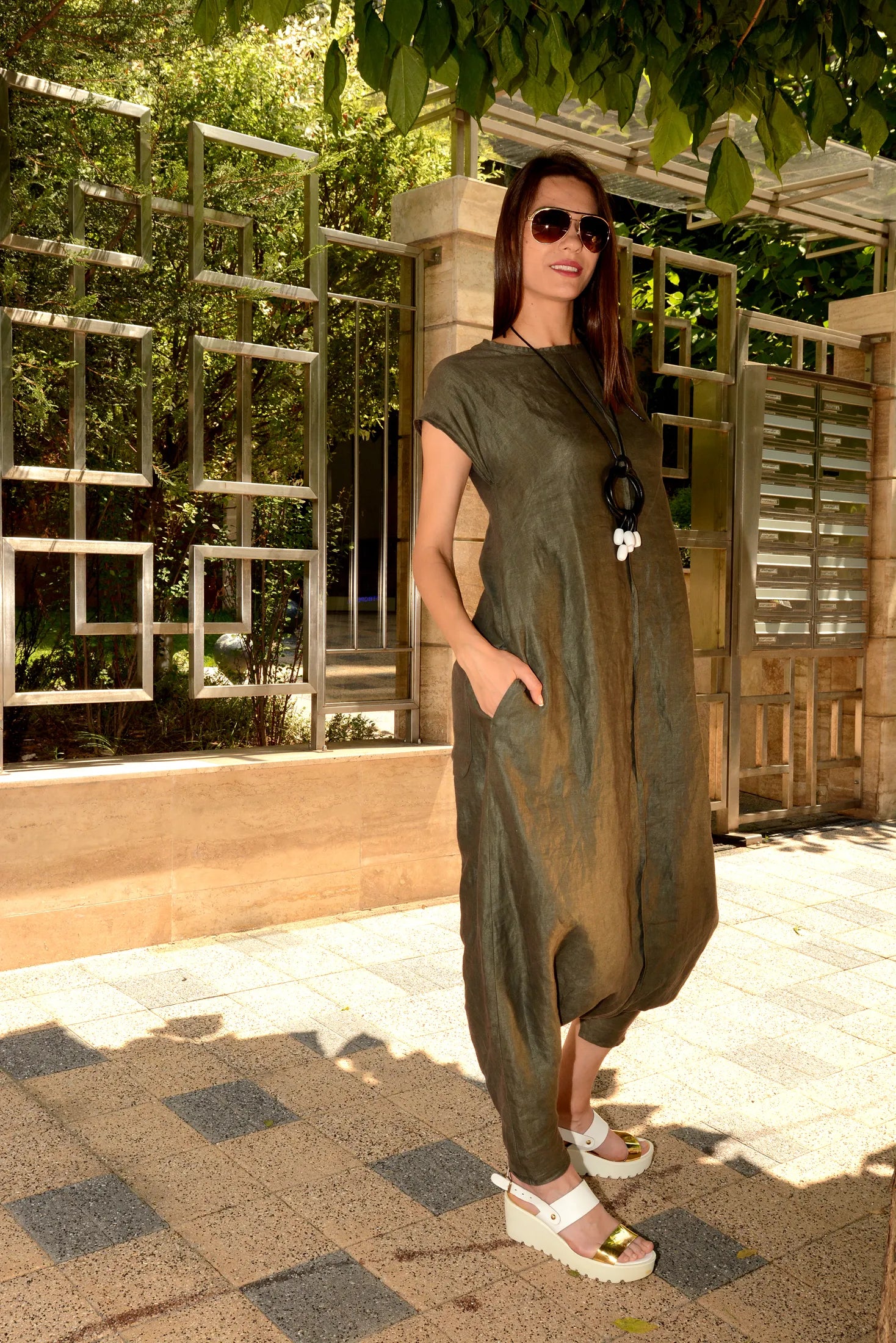 Linen Harem Plus Size Drop Crotch Jumpsuit-Danellys-2.webp