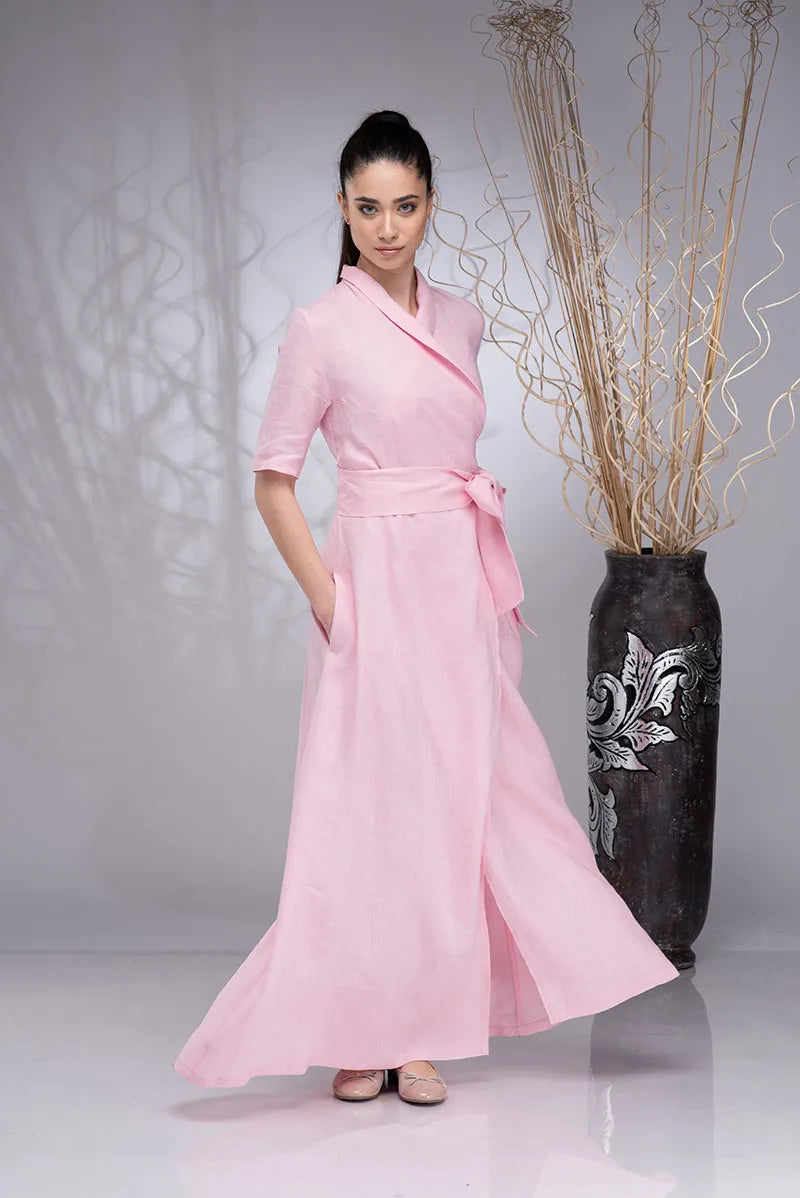 Long Wrap Linen Boho Dress with Shawl Collar and Linen Belt