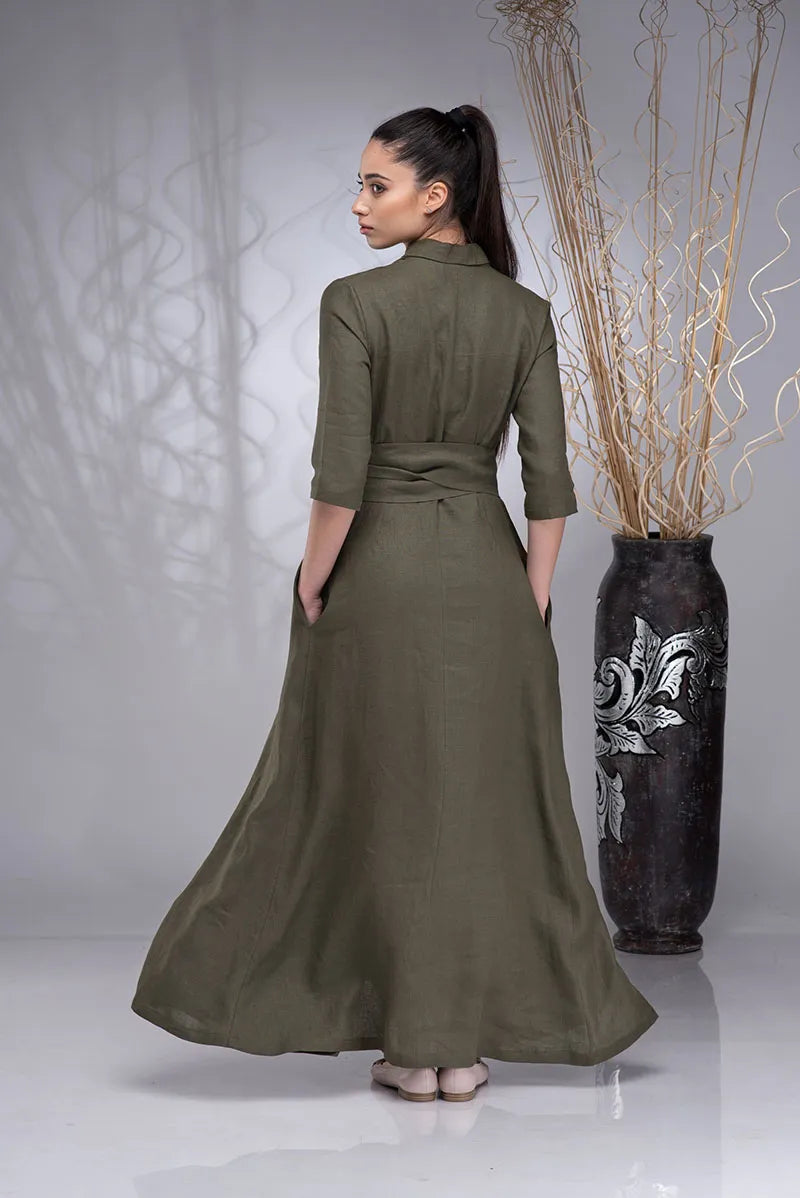 Linen Wrap Boho Maxi Shawl Collar Dress-4.webp
