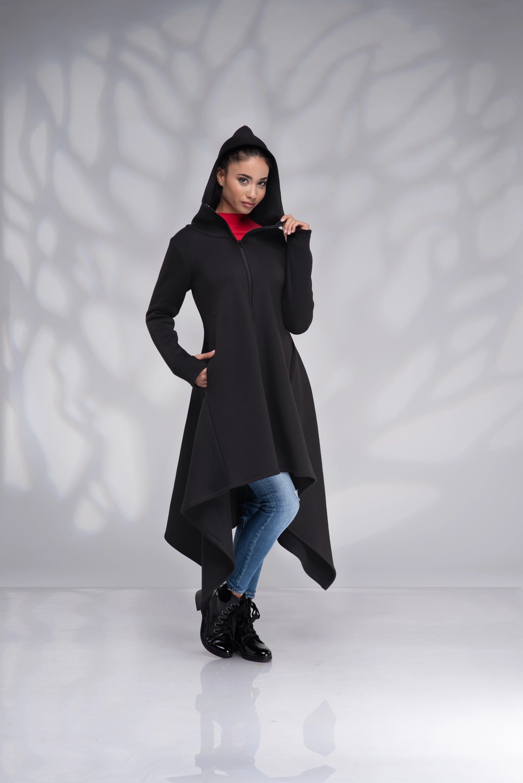 Cotton Hooded Maxi Coat Long Zip up Black Gothic Jacket-Danellys.webp