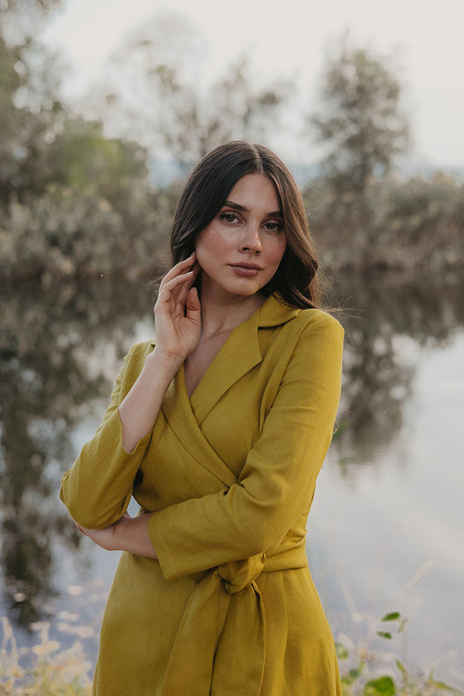 Mustard Yellow Wrap Linen Midi Dress with Long Sleeve and Shawl Collar