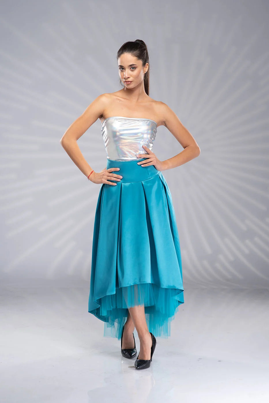 Long Turquoise Satin Skirt - High Low Bridal Tulle Skirt