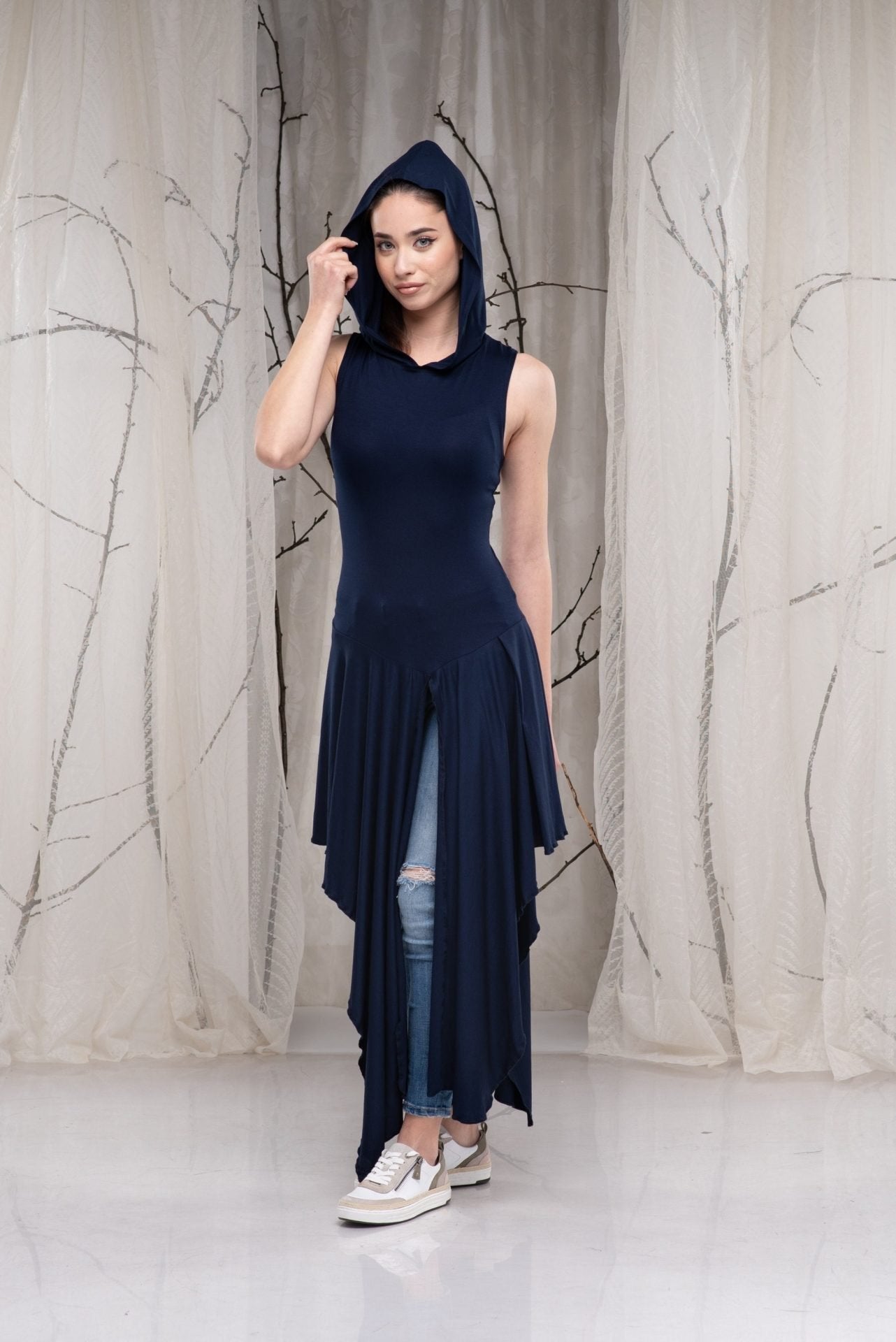 Long Hooded Asymmetrical Sleeveless Summer Tunic Top
