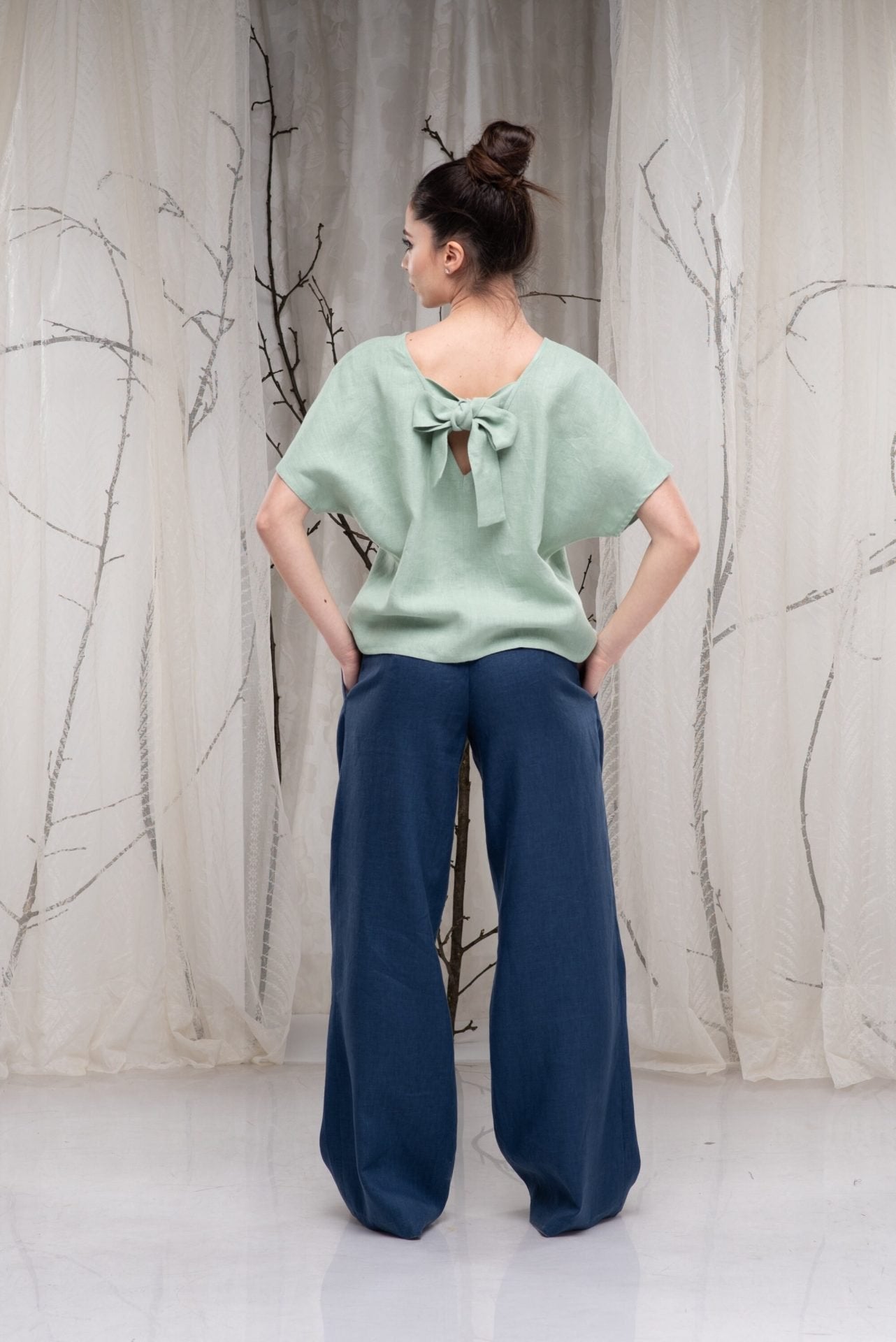 Linen Loose Kimono Sleeve Blouse with Short Sleeve and Bow on the Back