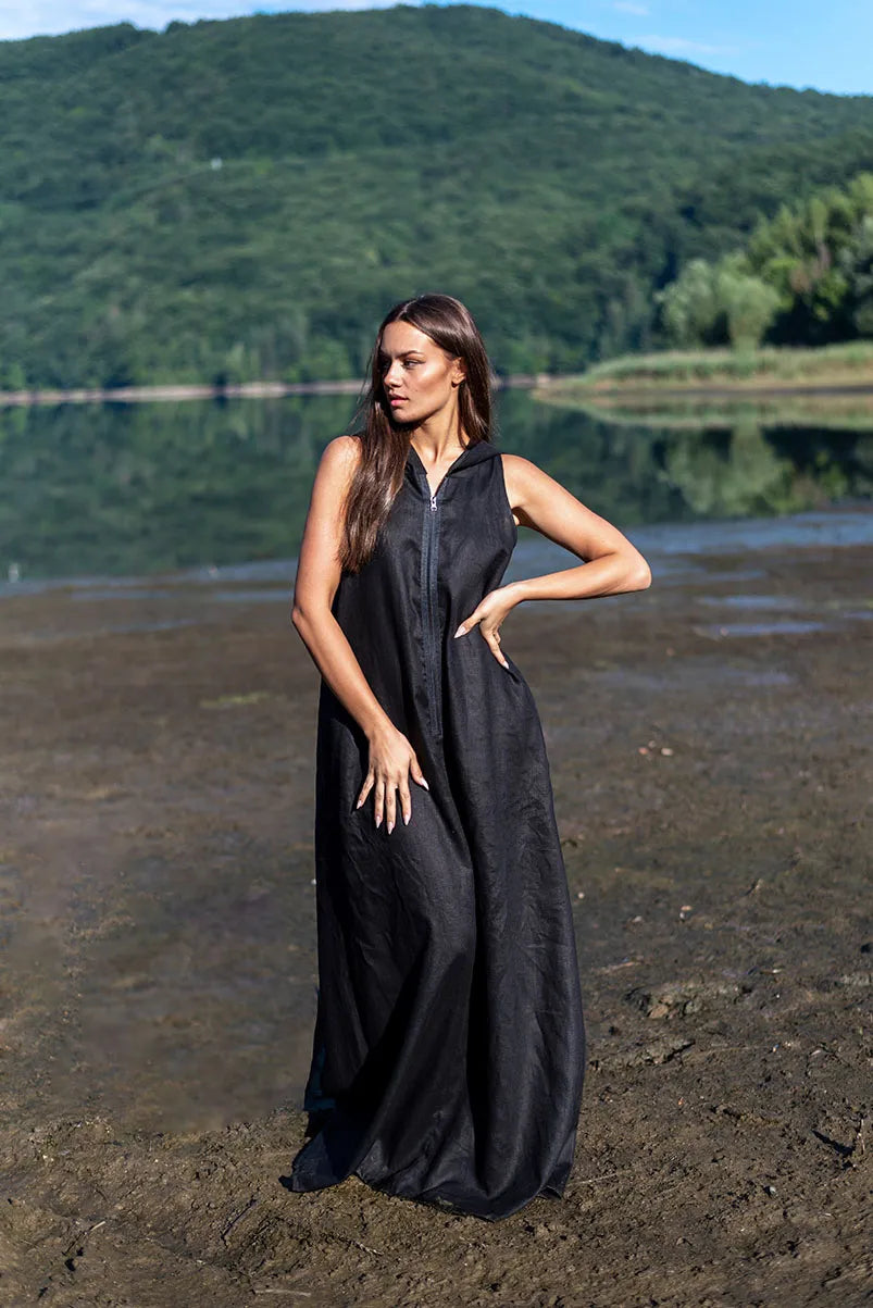 Black Linen Hoodie Dress with Zipper made of Pure Linen