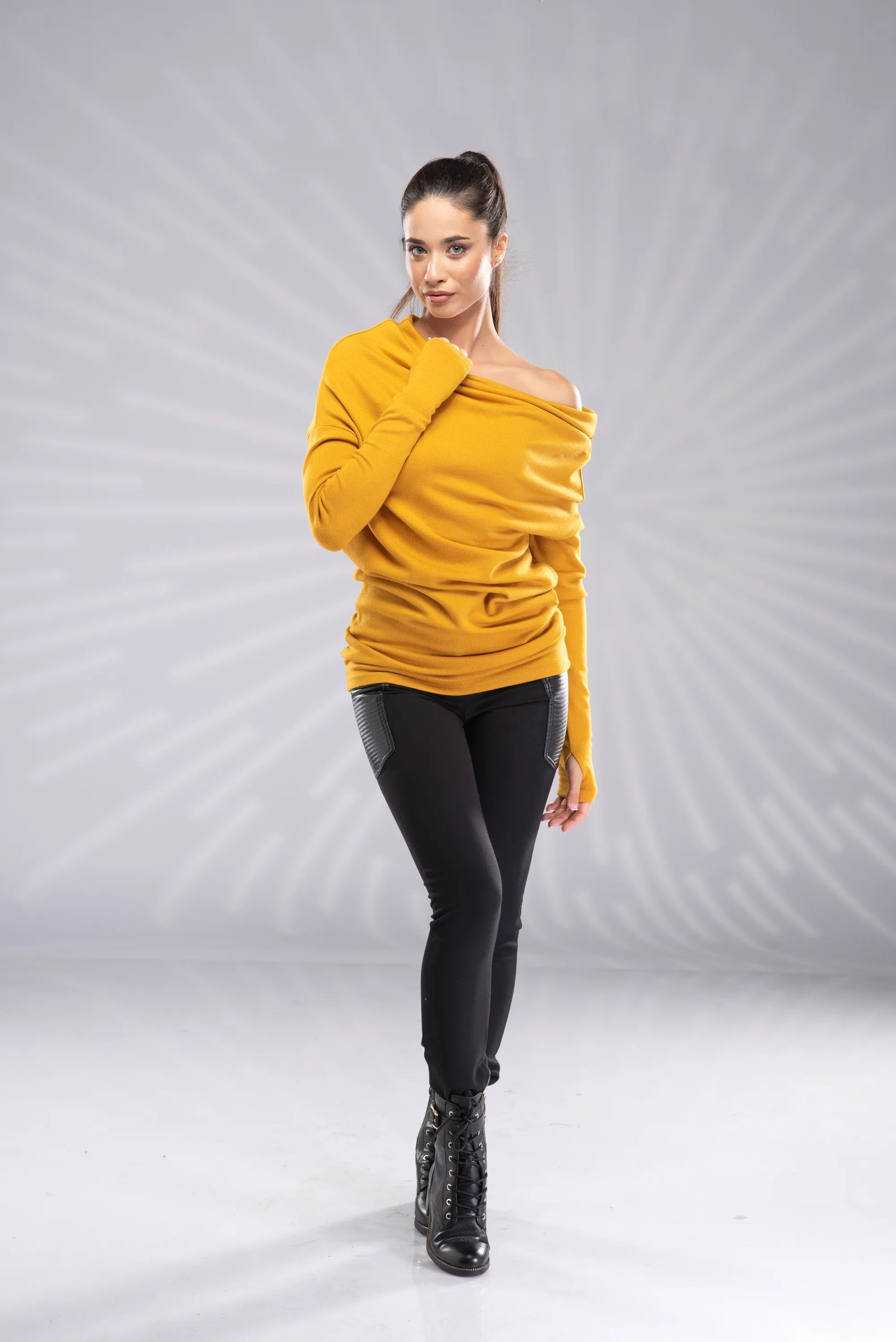Mustard Off Shoulder Pullover-Danellys.webp