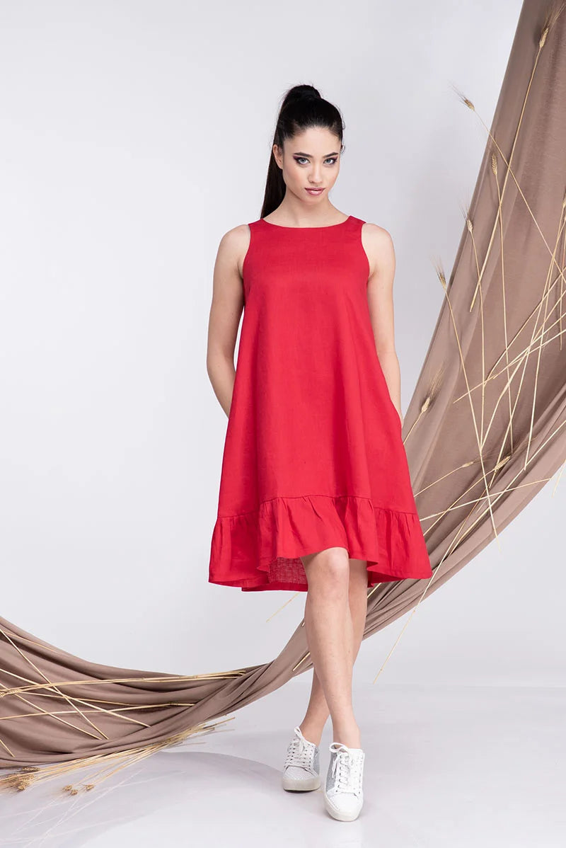 Red Linen Short A line Summer Dress