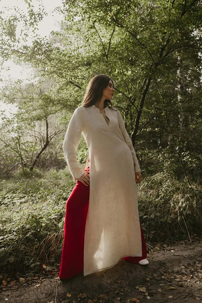 Elegant Long Linen Tunic Dress with Side Slit and Long Sleeves